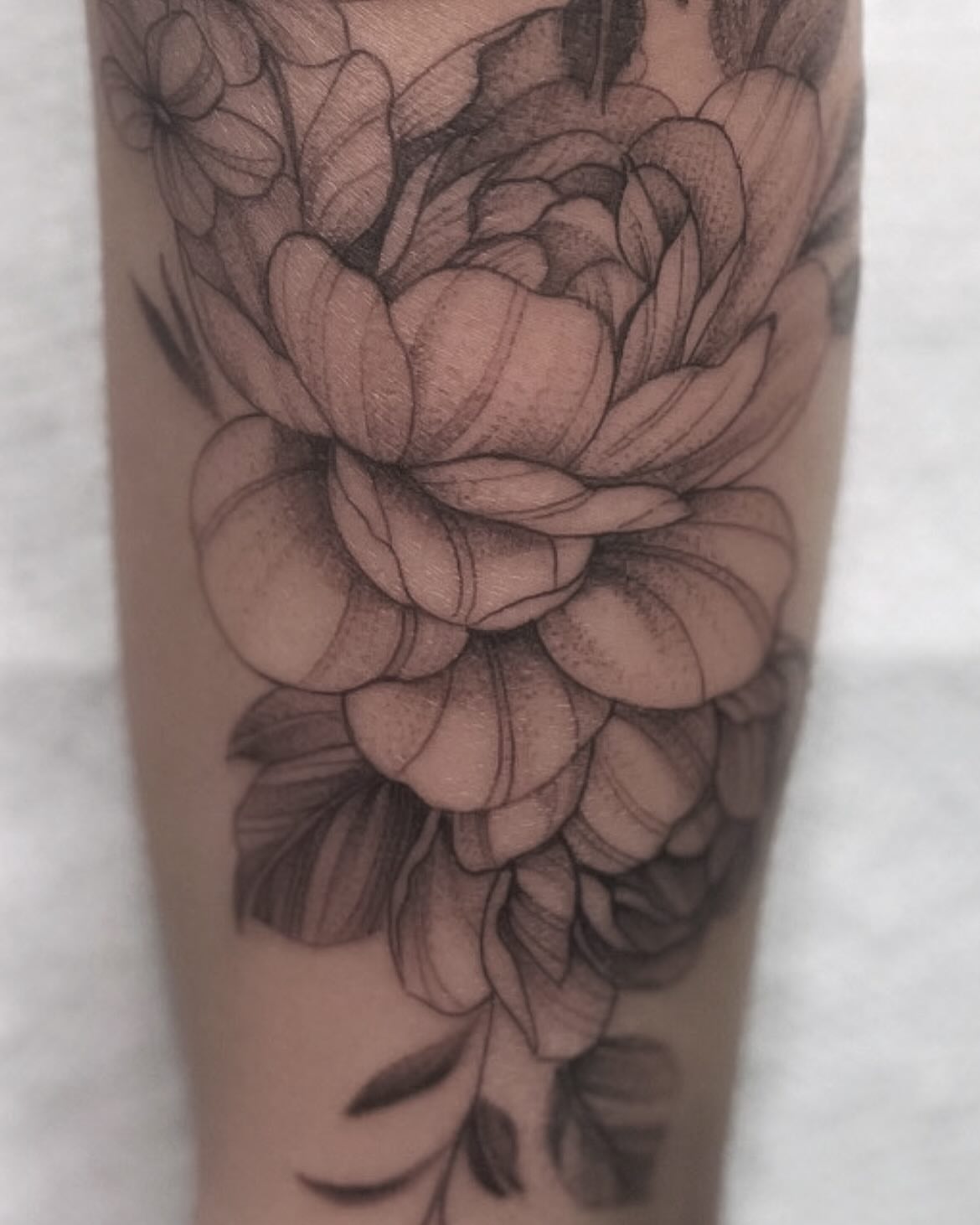 Peony black and grey tattoo on the forearm by Eric Axle