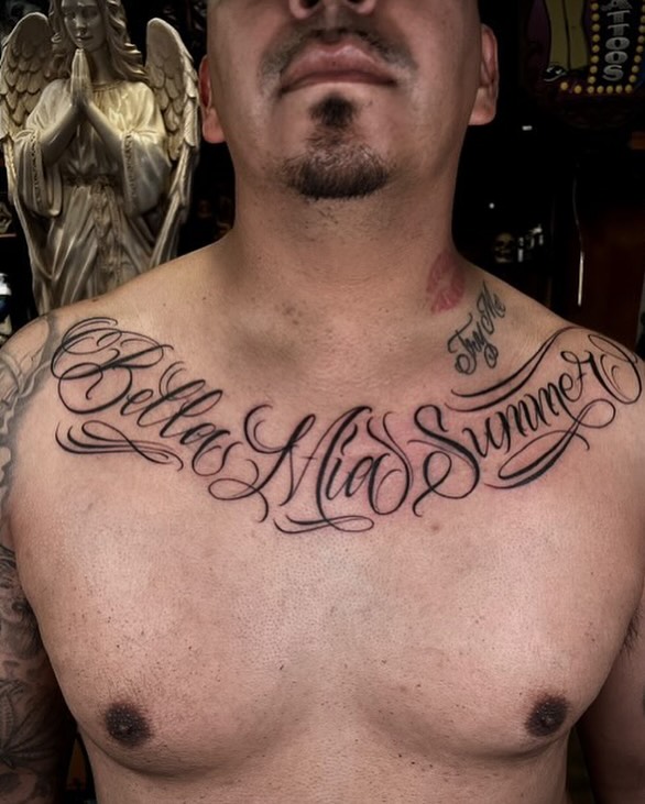 Bella Mia Summer lettering script tattoo on the chest by Joey Moreno