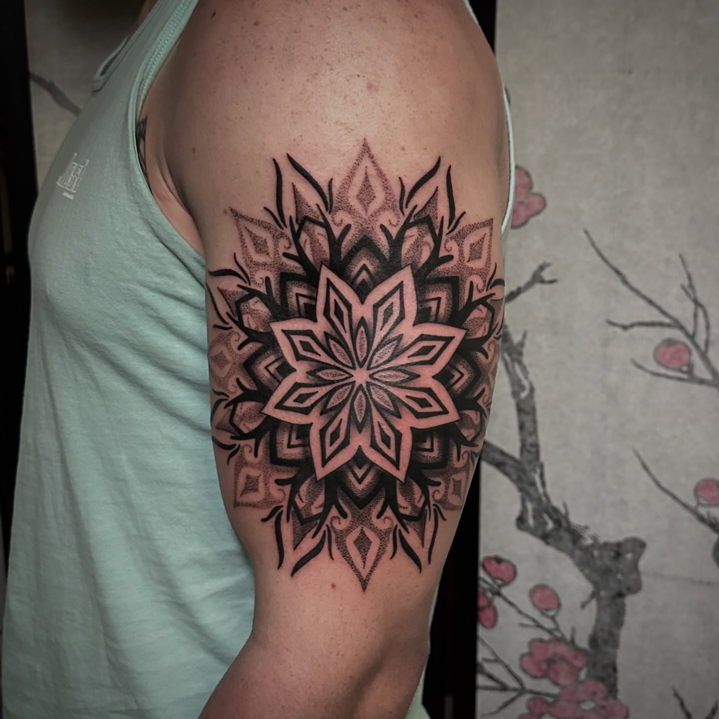 Geometric mandala dotwork tattoo on the forearm by all gas no brakes! no days off!