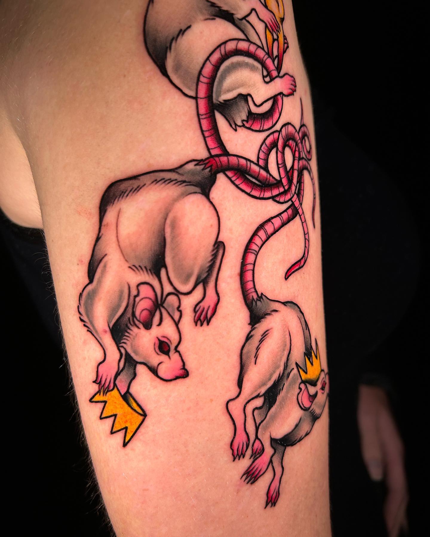 Rat and snake American traditional tattoo on the forearm by Lexi Kniskern