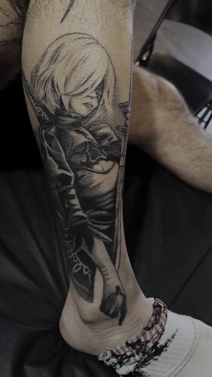 2B from Nier: Automata realism tattoo by Sam Fortney, Columbus, Ohio