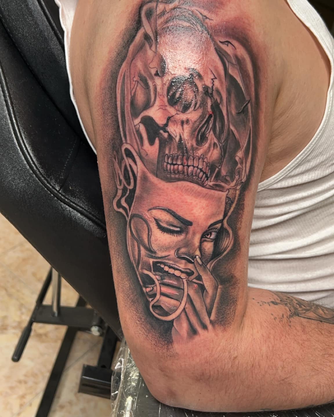 Woman with skull realism tattoo on the forearm by Bryant Ramirez