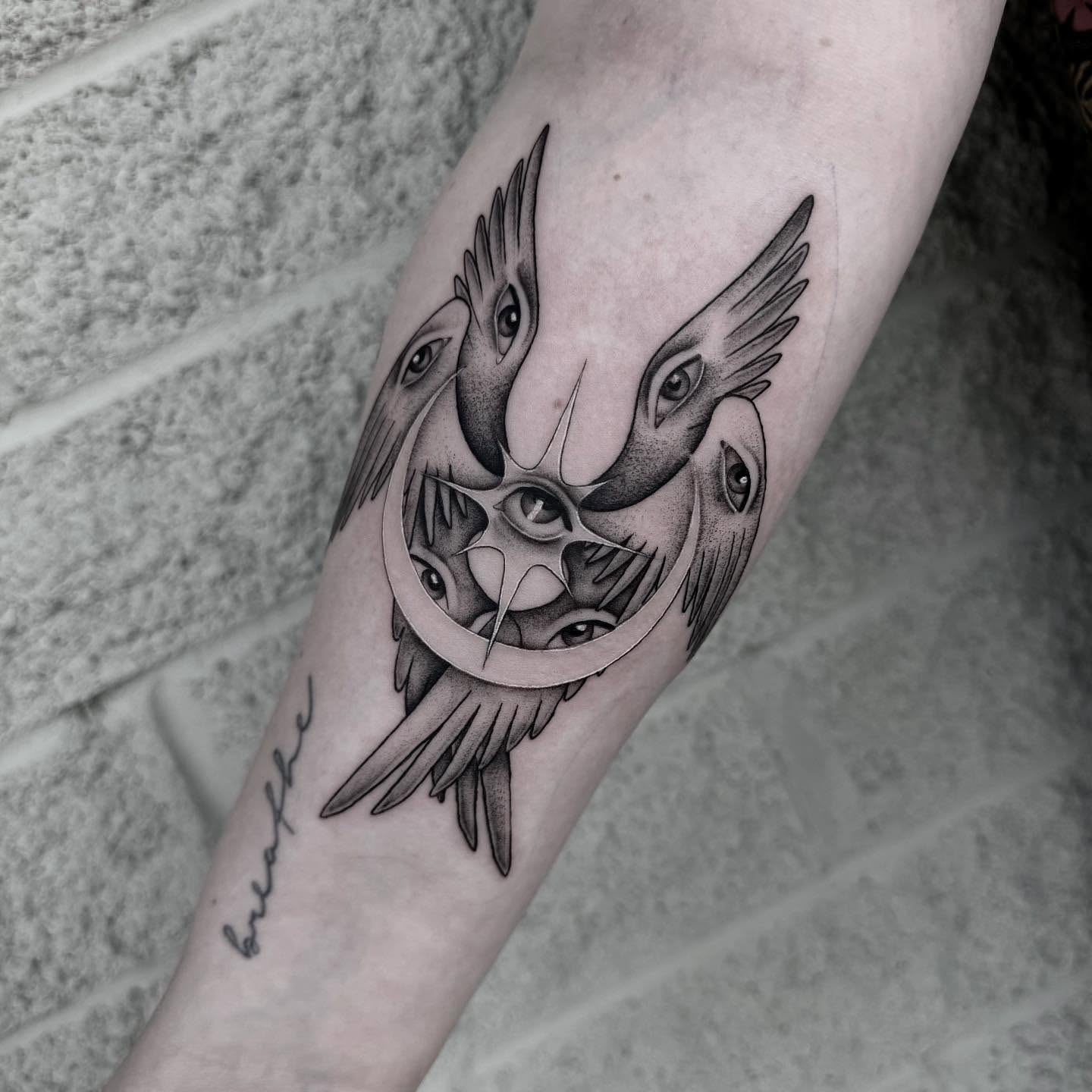 Eyes and birds dotwork tattoo on the forearm by Isabel Smith🦋🕷️