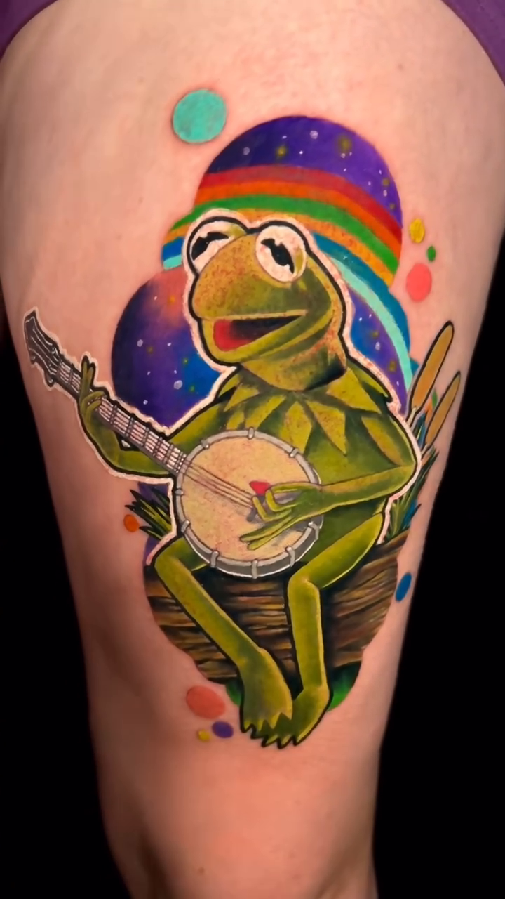 Kermit the Frog playing banjo new school tattoo by Brian Horowitz