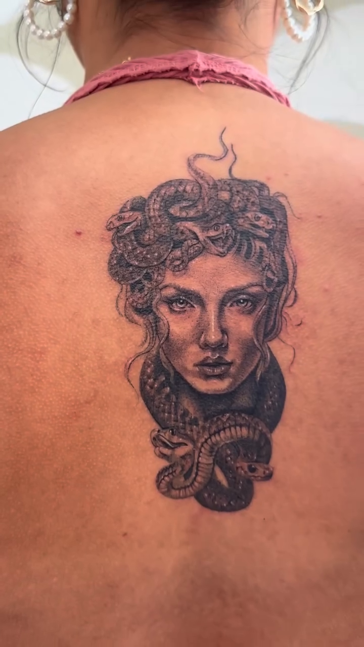 Medusa portrait realism tattoo by Mystikal Blue Casares