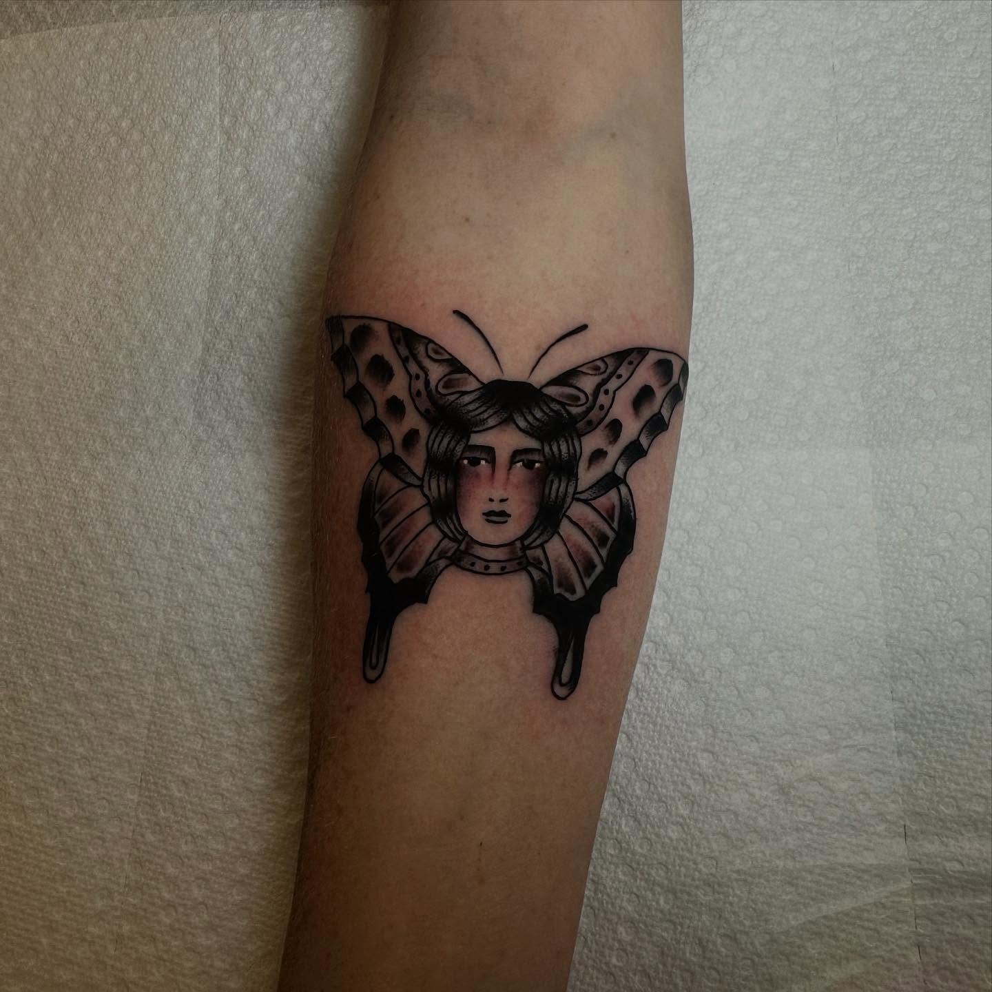 Butterfly black and grey tattoo on the forearm by Noah Diffenderfer, Phoenix, Arizona