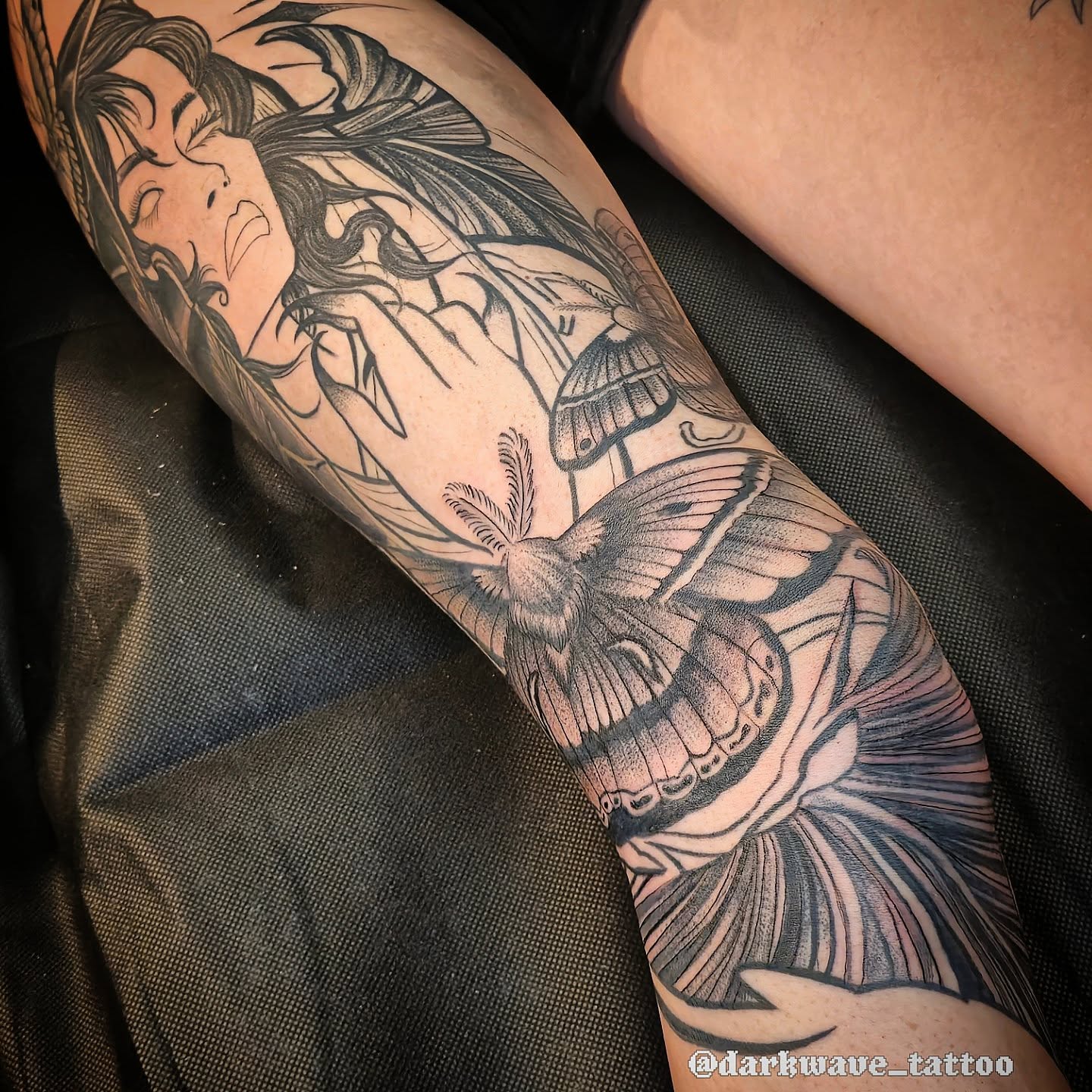 Woman with moth realism tattoo on the forearm by Barrett Handel