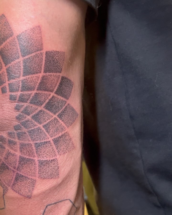 Geometric pattern dotwork tattoo on the forearm by Haley