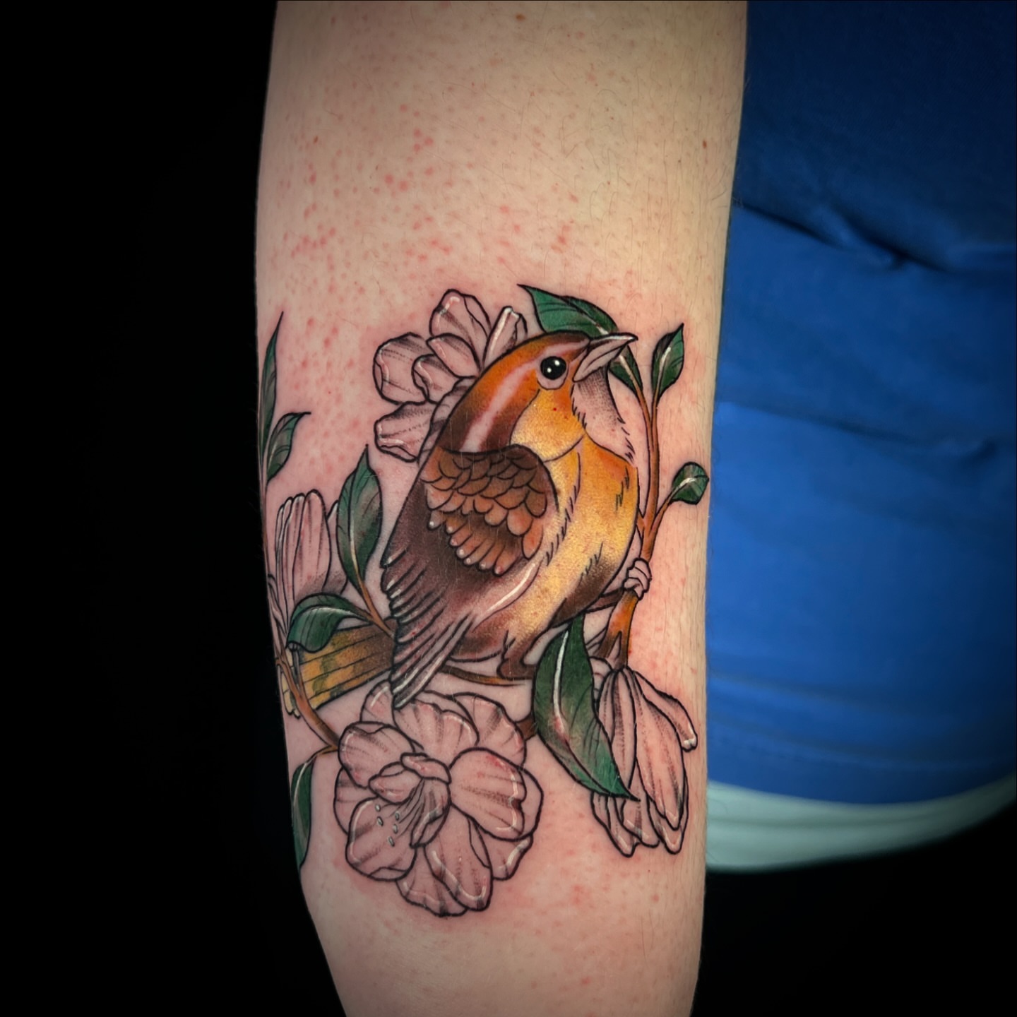 Bird and flowers American traditional tattoo on the forearm by Tattoo & Body Artist, Gastonia, North Carolina