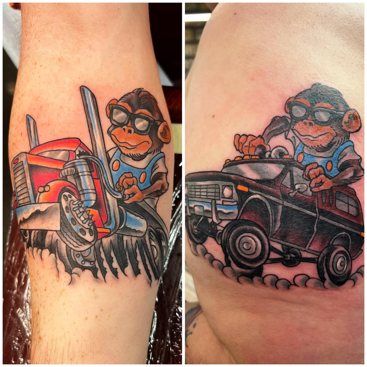 Monkey driving car new school tattoo on the forearm by Dustin Hysell