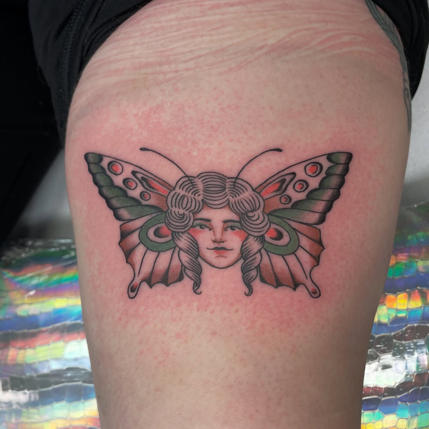 Butterfly woman neo-traditional tattoo on the thigh by Dayton Tattoo Artist, Miamisburg, Ohio