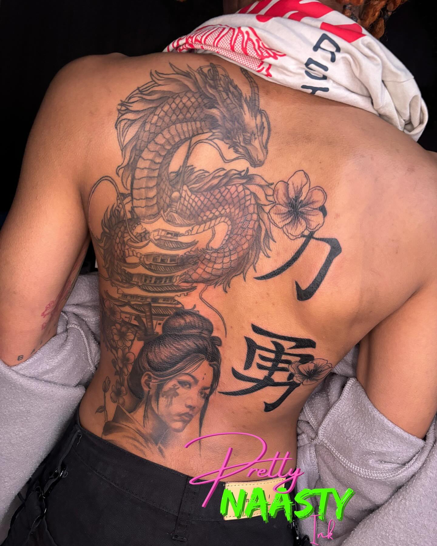 Dragon and woman japanese irezumi tattoo on the back by Pretty Naasty Ink🖤