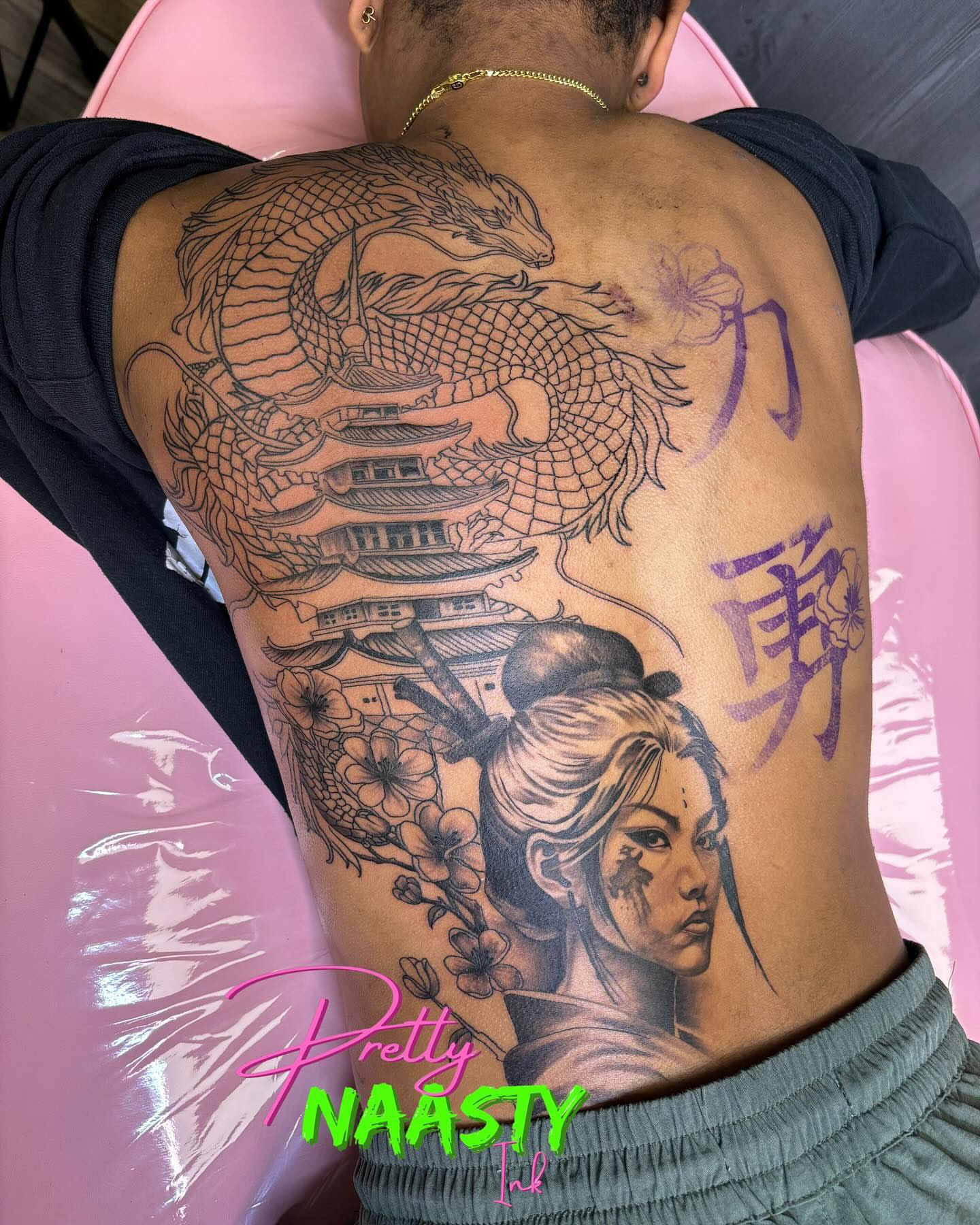 Dragon and geisha japanese irezumi tattoo on the back by Pretty Naasty Ink🖤