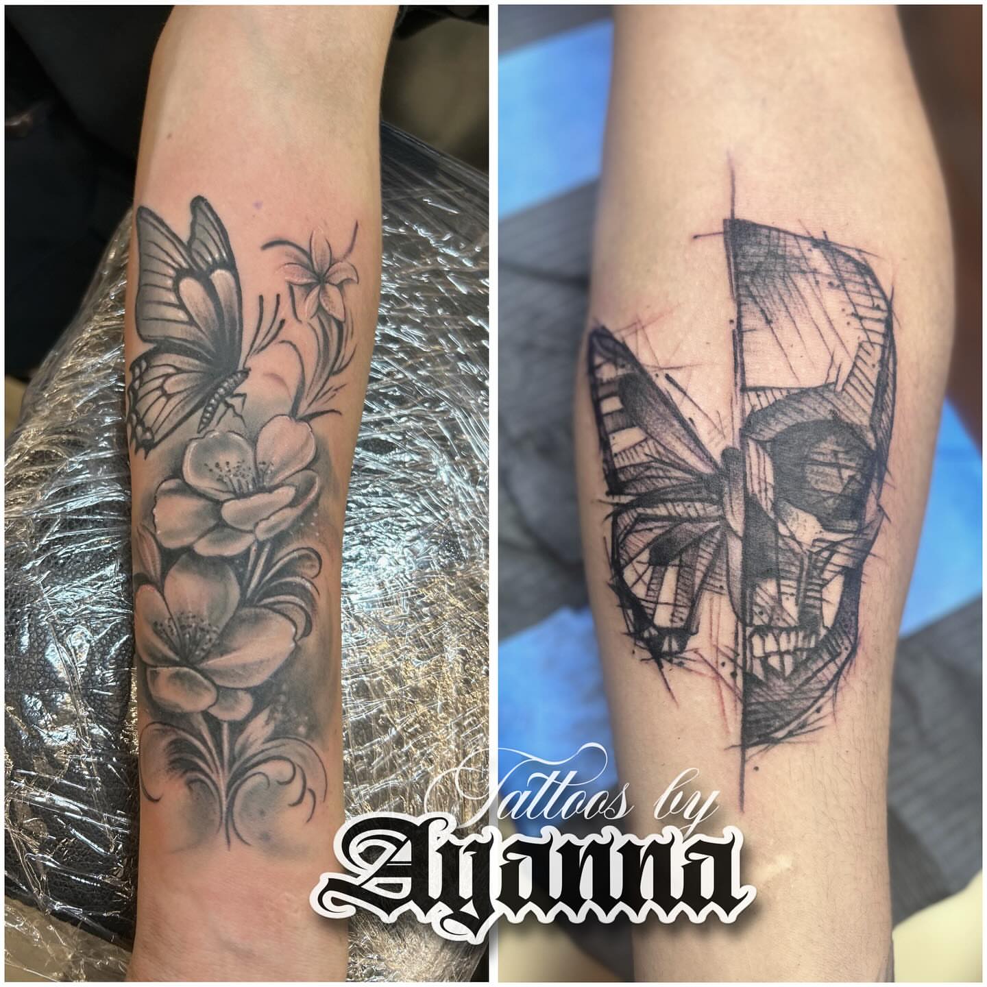 Butterfly and flowers realism tattoo on the forearm by Ayanna Luna