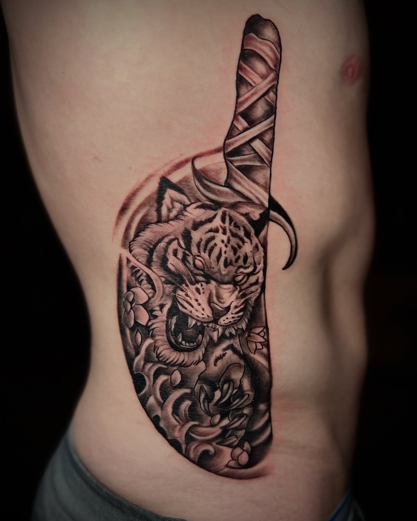 Tiger and dagger realism tattoo on the ribs by Lucky Valenzuela, Lakewood, Colorado