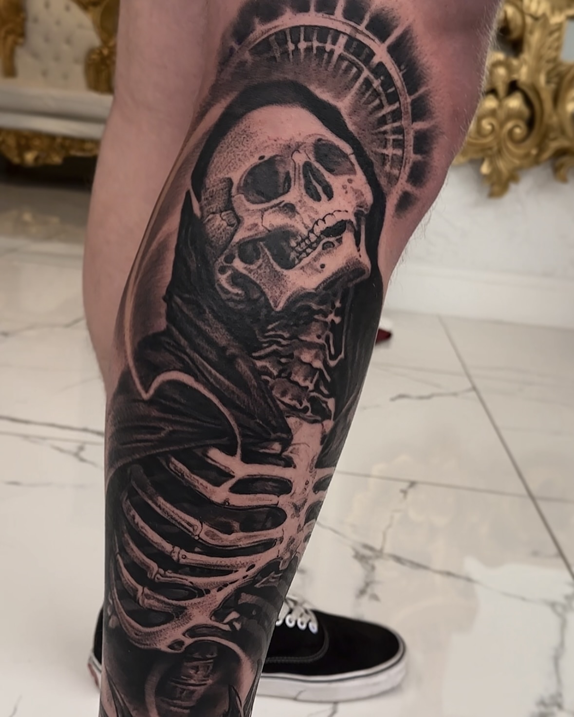 Skeleton realism tattoo on the forearm by Jacob Sheffield, Grand Junction, Colorado
