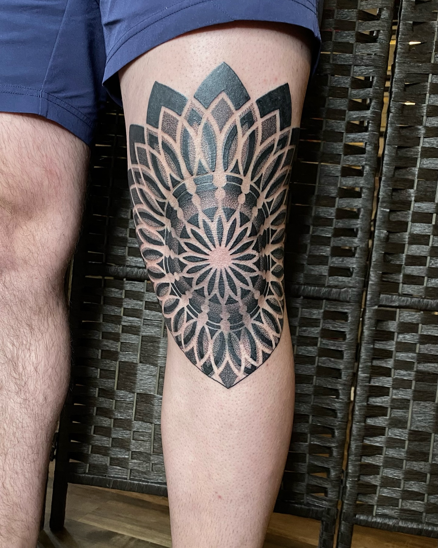 Geometric mandala geometric tattoo on the thigh by Rose Ulinski