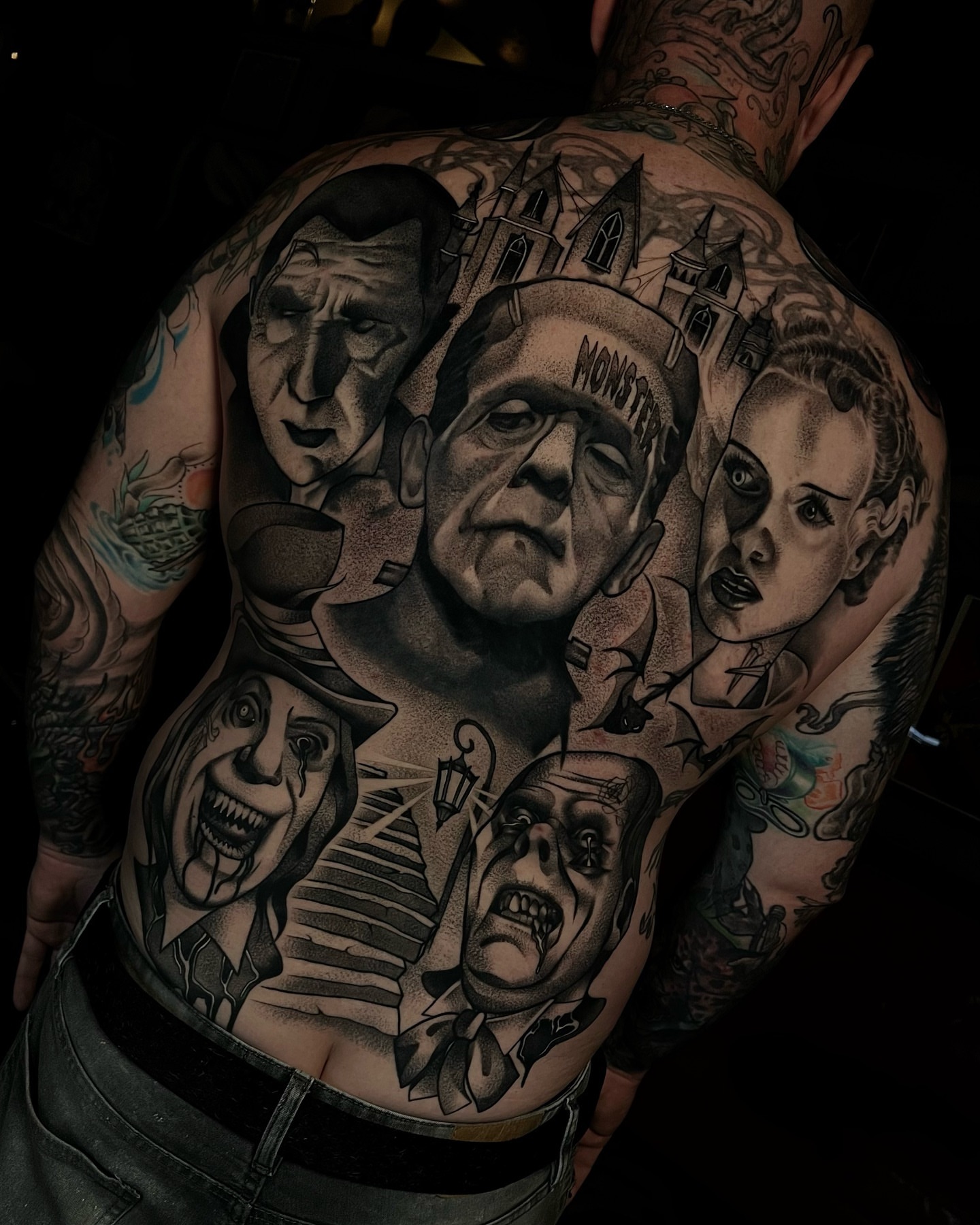 Monster movie characters realism tattoo on the torso by Bell Bolton