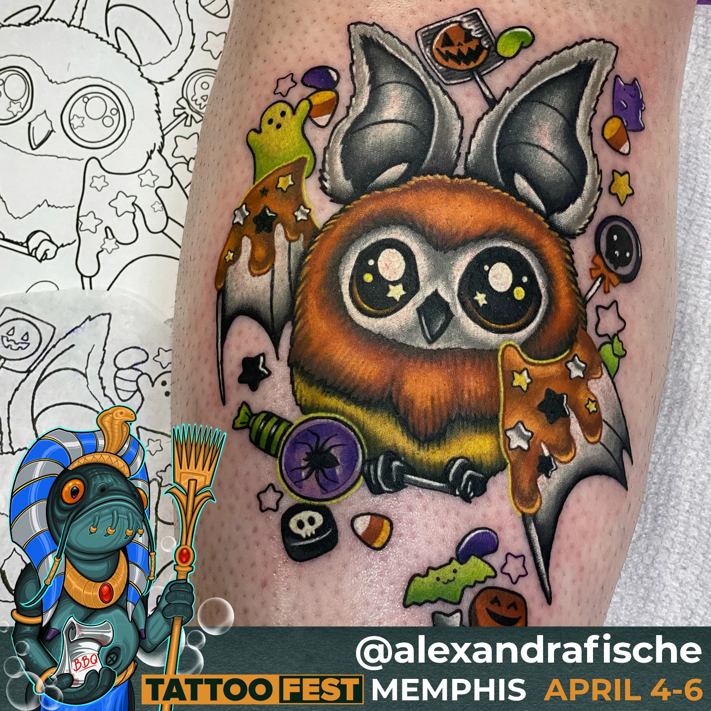 Owl illustrative tattoo on the forearm by Alexandra Fische