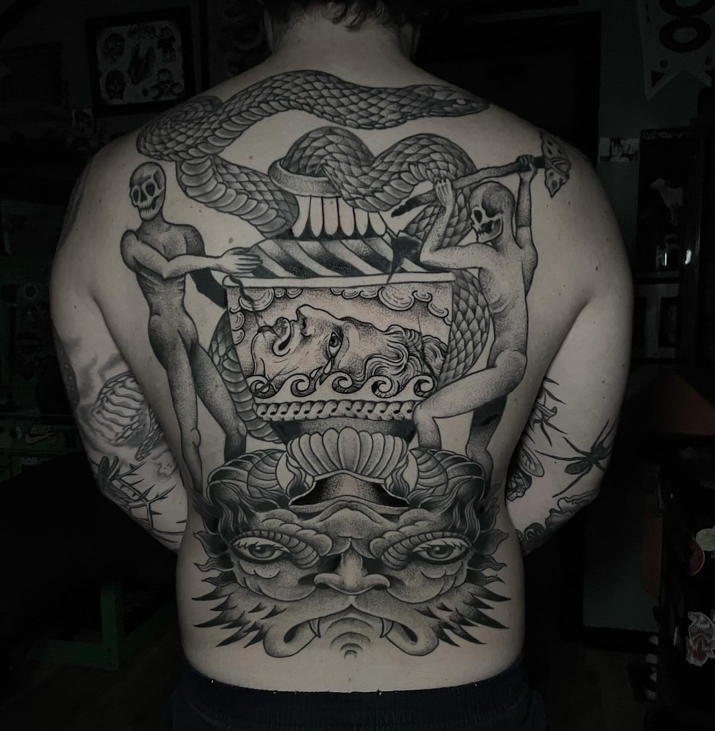Mythological scene American traditional tattoo on the back by Ian Spong