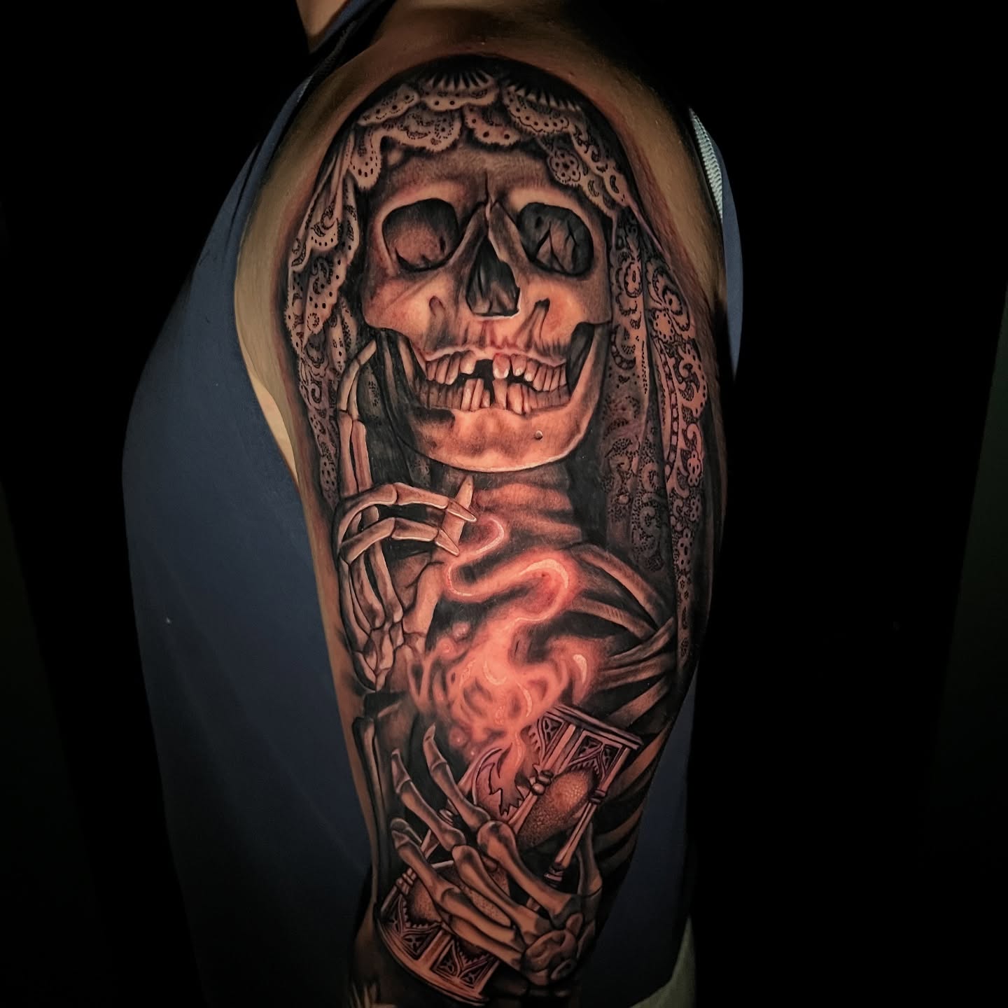 Skeleton realism tattoo on the shoulder by Mary Blake Tattoos, Franklin, Tennessee