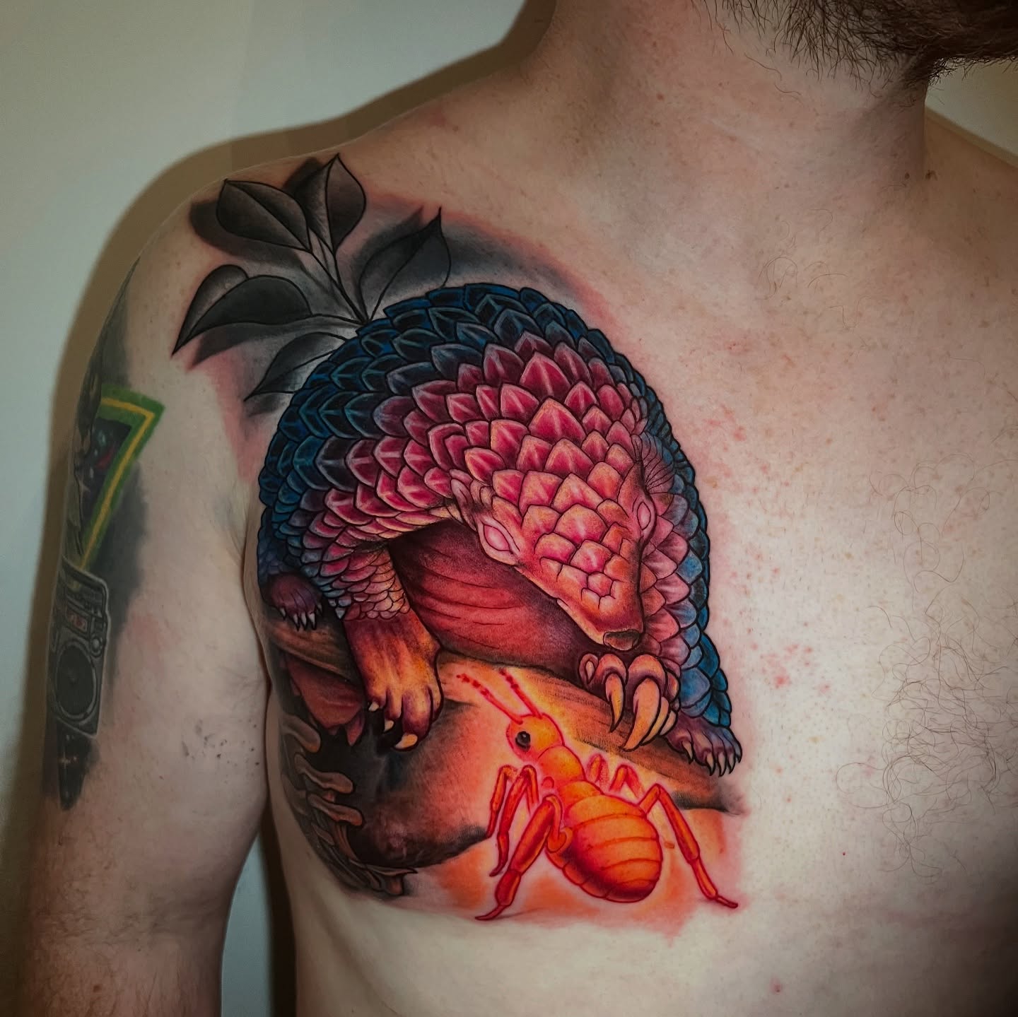 Armadillo and ant realism tattoo on the chest by Mary Blake Tattoos, Franklin, Tennessee