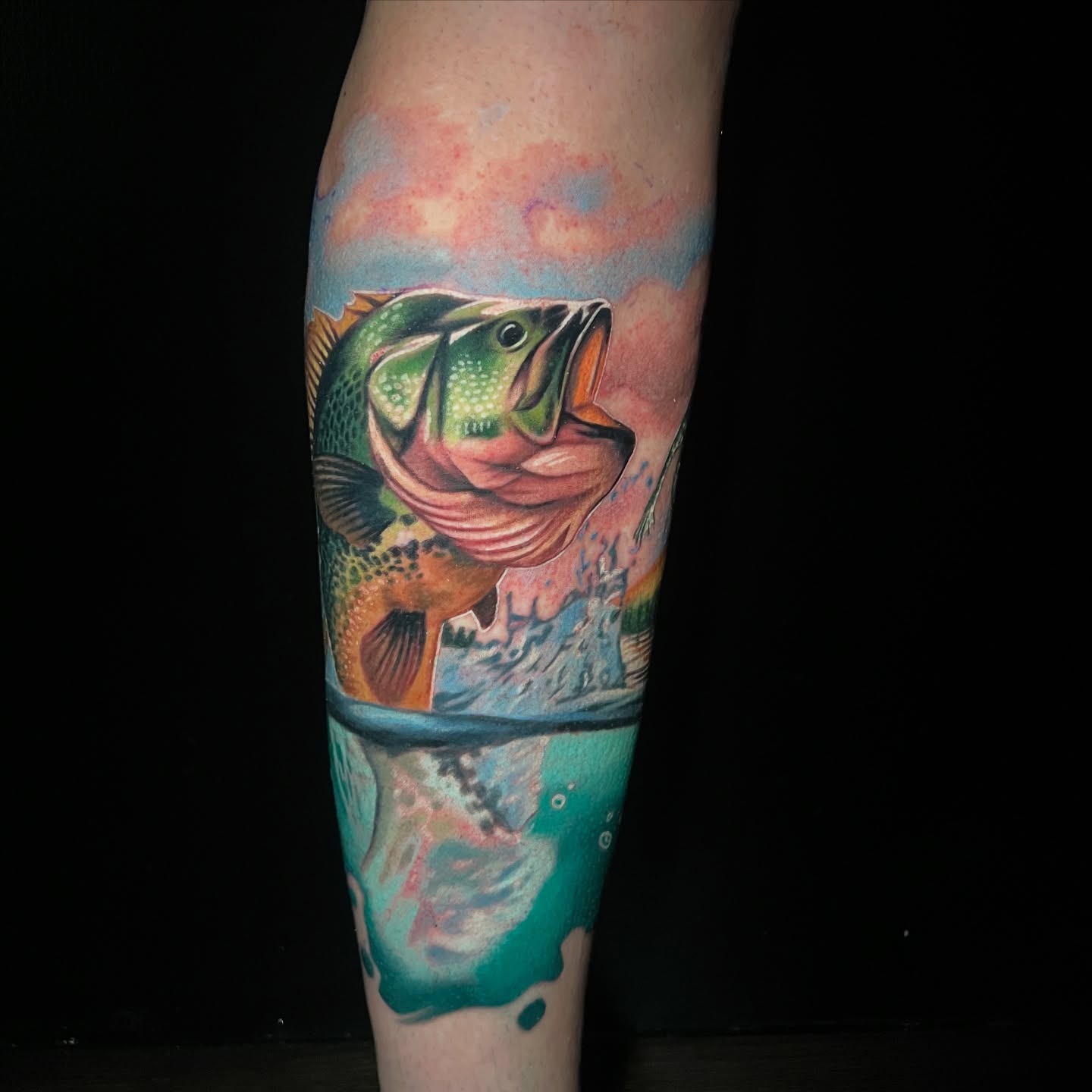 Largemouth bass realism tattoo on the forearm by Mary Blake Tattoos, Franklin, Tennessee