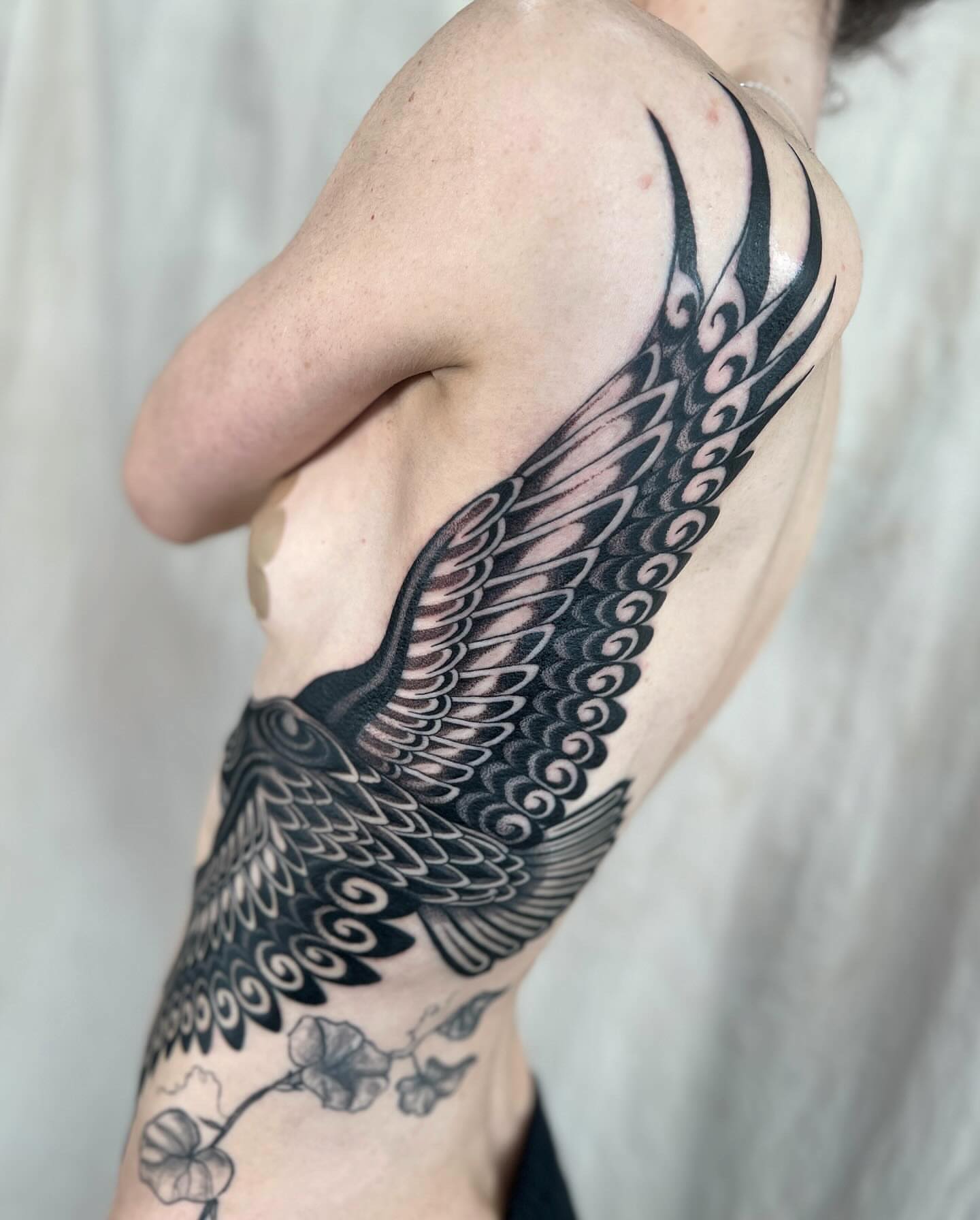 Wing black and grey tattoo on the upper arm by 👽 Kat 👽, San Francisco, California