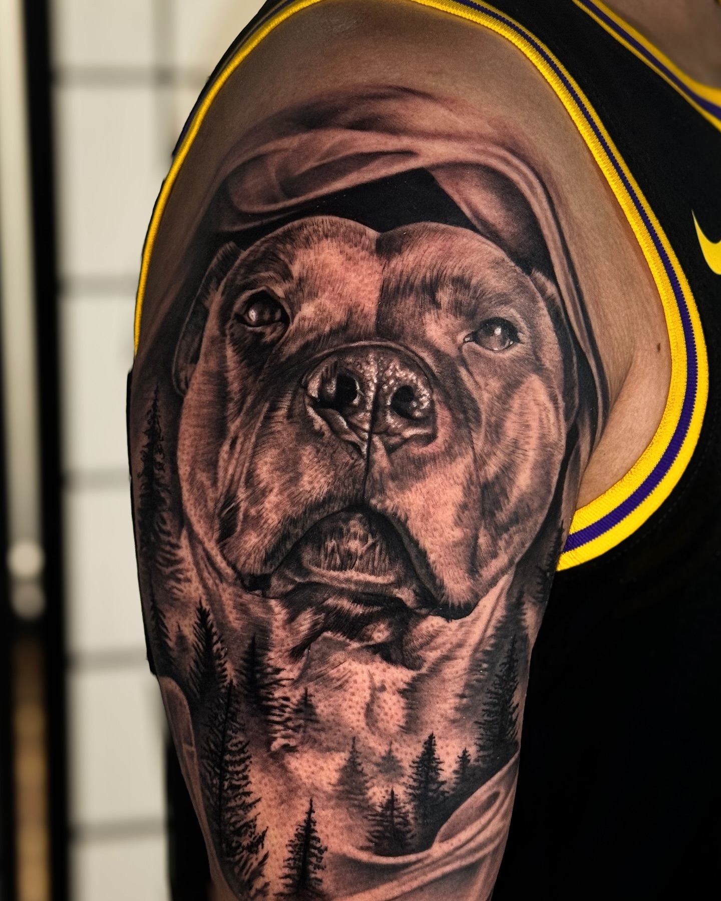 Pit bull realism tattoo on the upper arm by Flamure Islami
