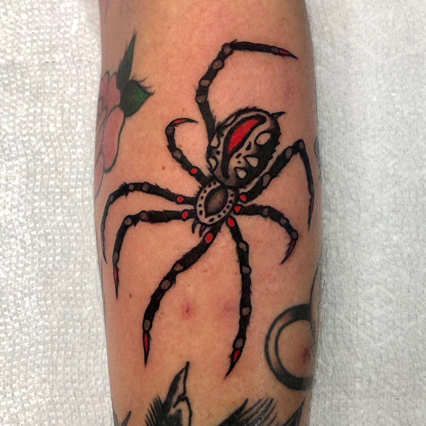 Spider American traditional tattoo on the forearm by brenden