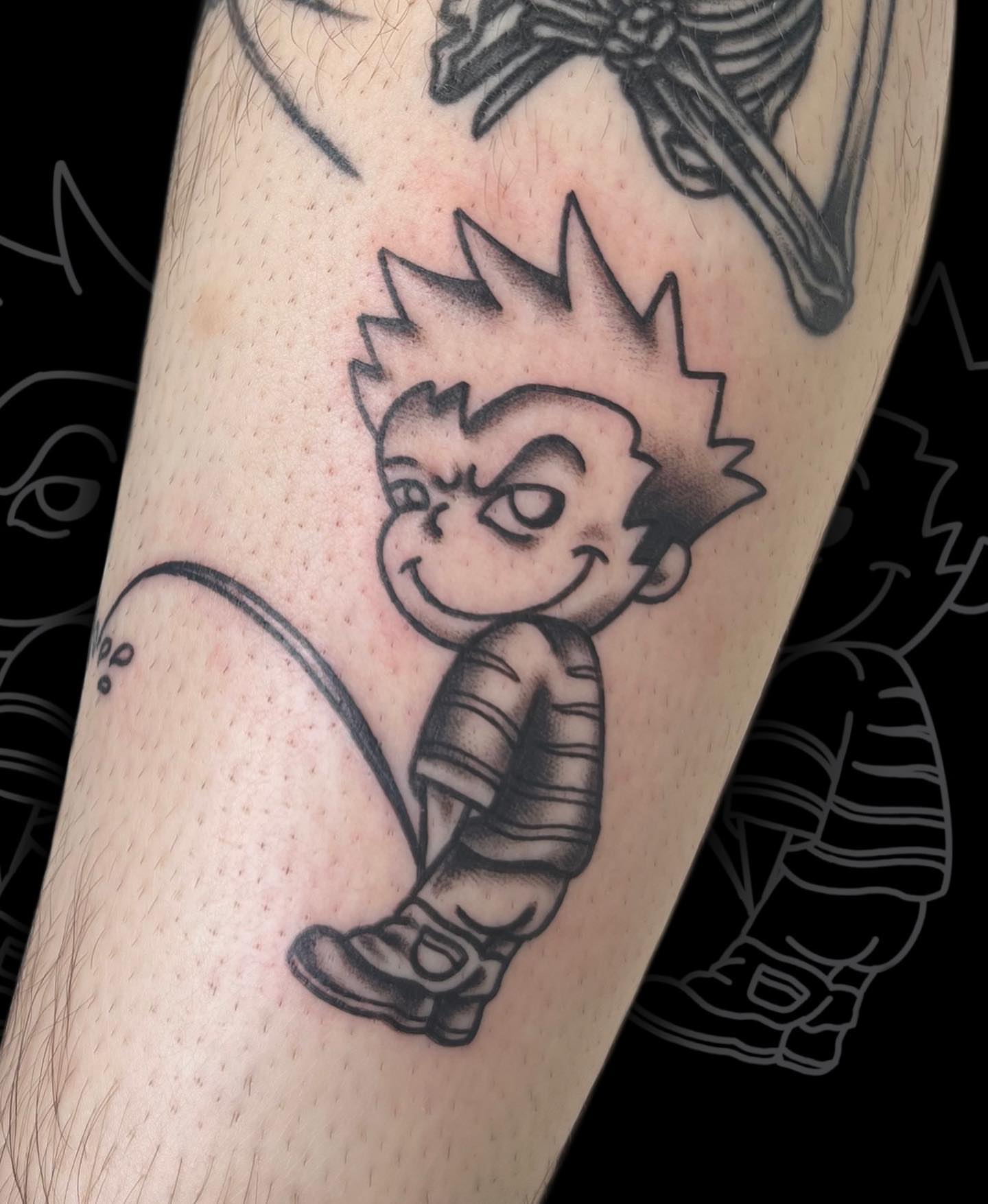 Calvin black and grey tattoo on the forearm by πππ₯π πππππͺ kΚ
