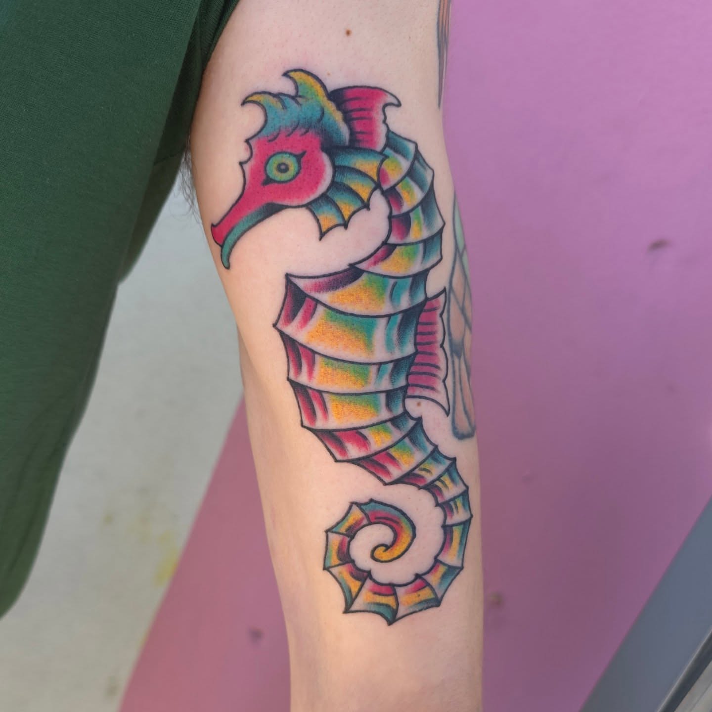 Seahorse American traditional tattoo on the forearm by Jared Green