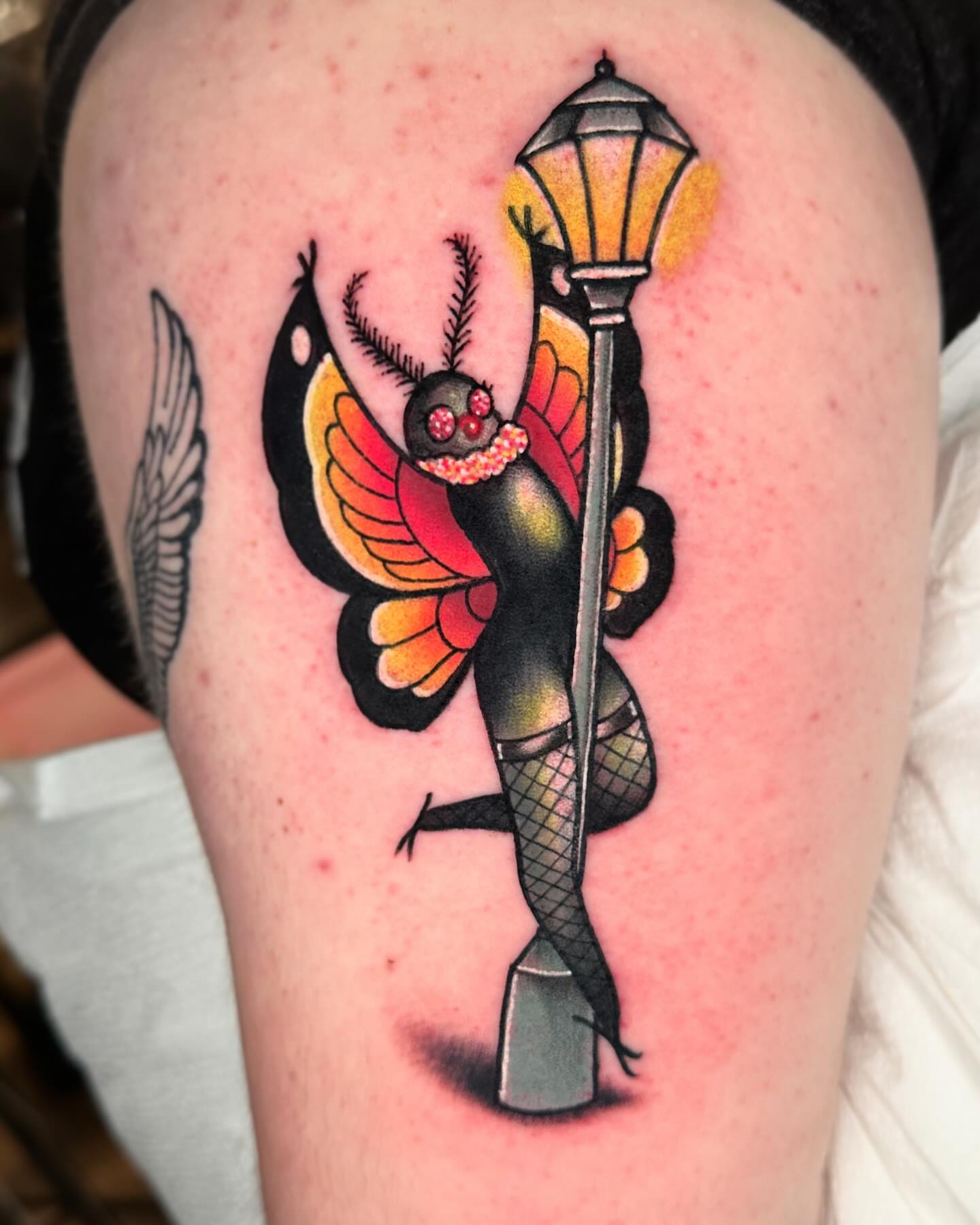 Bird witch American traditional tattoo on the thigh by πΈπππππππ πΈππππππππ, Bel Air, Maryland