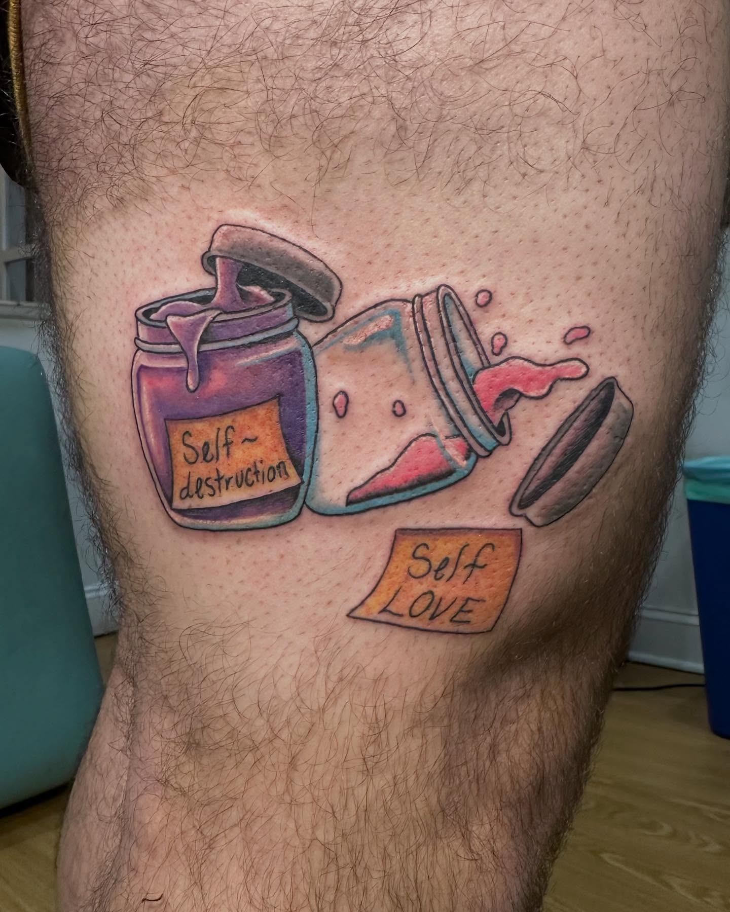 Self-love vs self-destruction realism tattoo on the thigh by 𝕯𝖗𝖆𝕶𝖊㋛