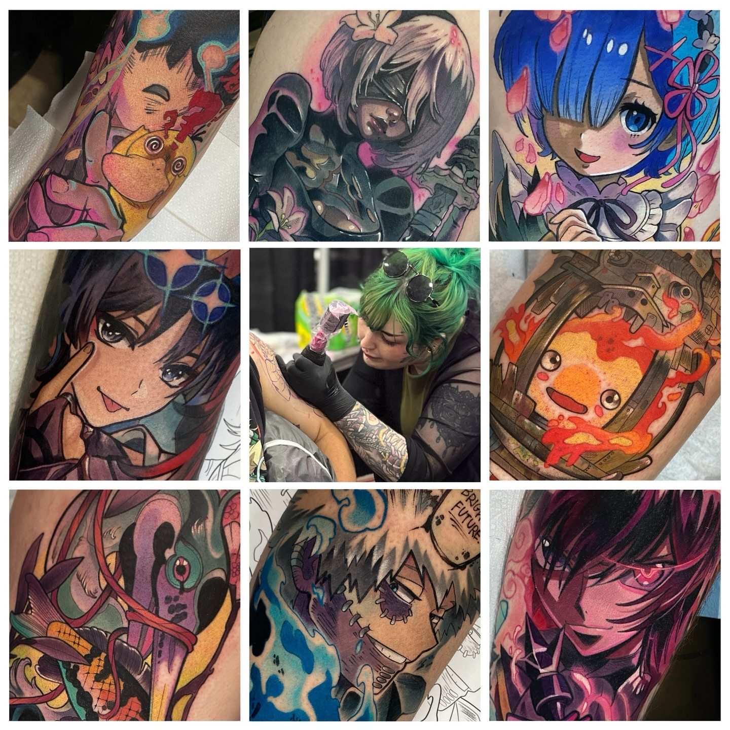 Anime character anime tattoo on the upper arm by Kara Klenk