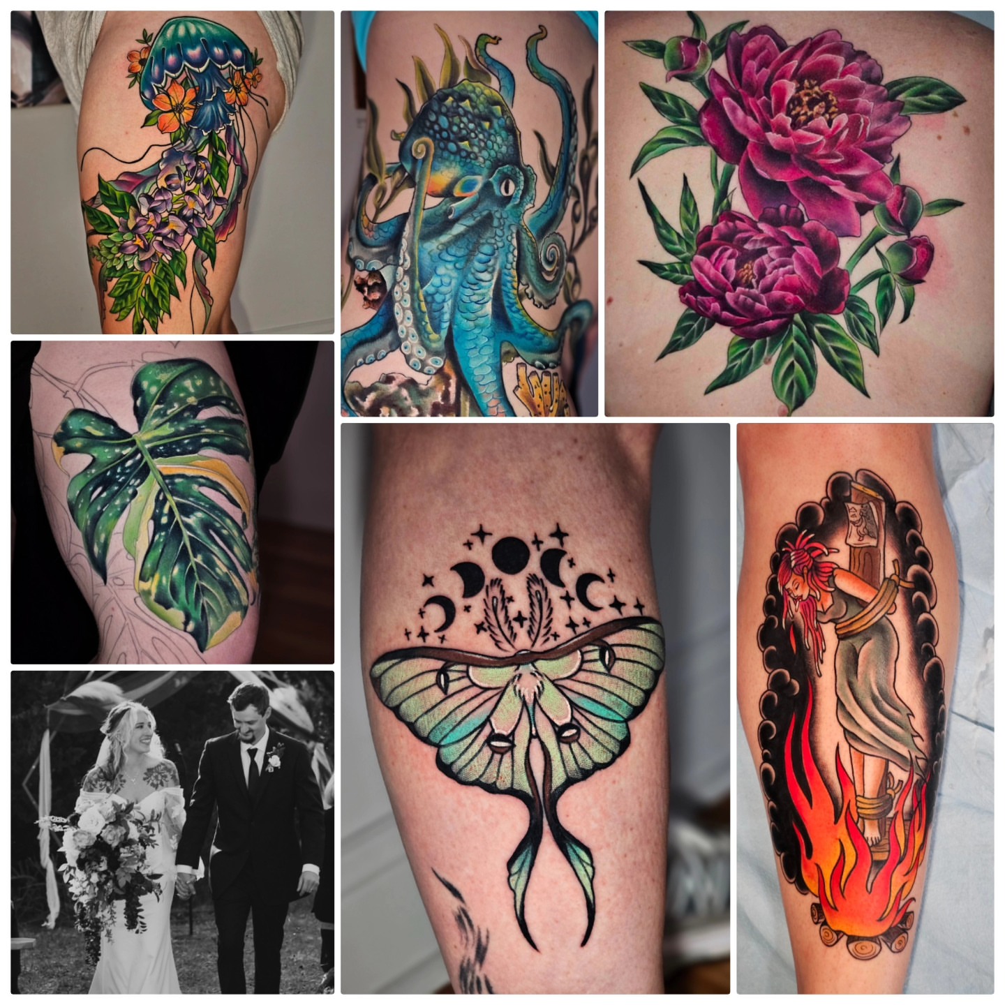Jellyfish and flowers American traditional tattoo on the thigh by Lindsey Chevalier - KCMO TATTOO ARTIST