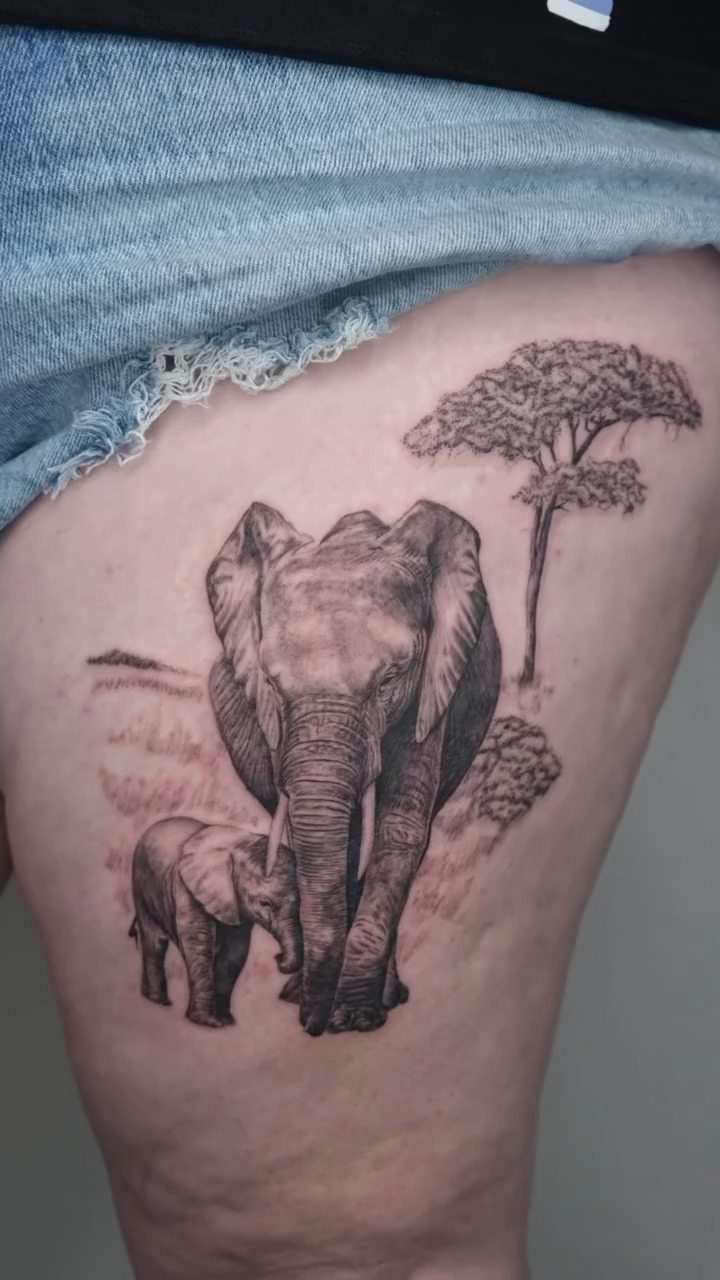 Elephants in savanna realism tattoo by Zay - Realistic tattoo Artist