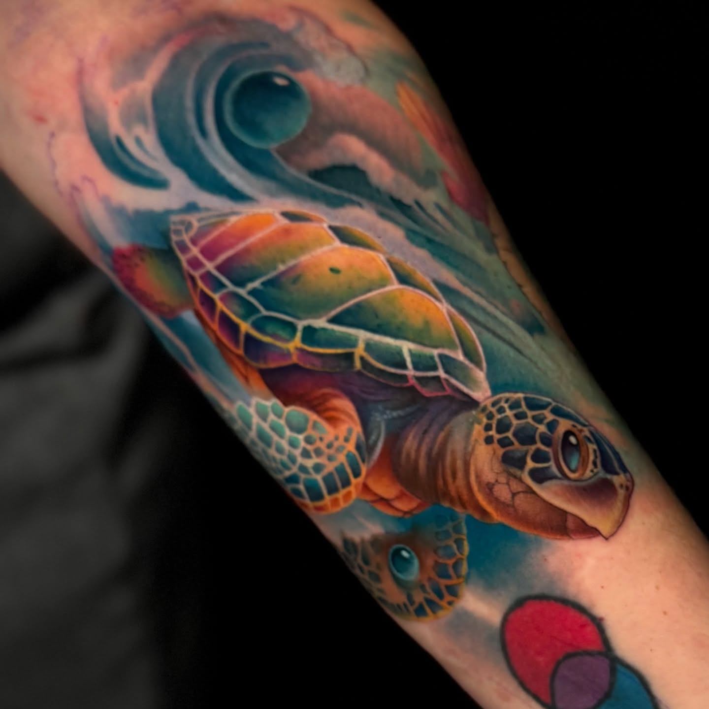Sea turtle realism tattoo on the forearm by James Hall
