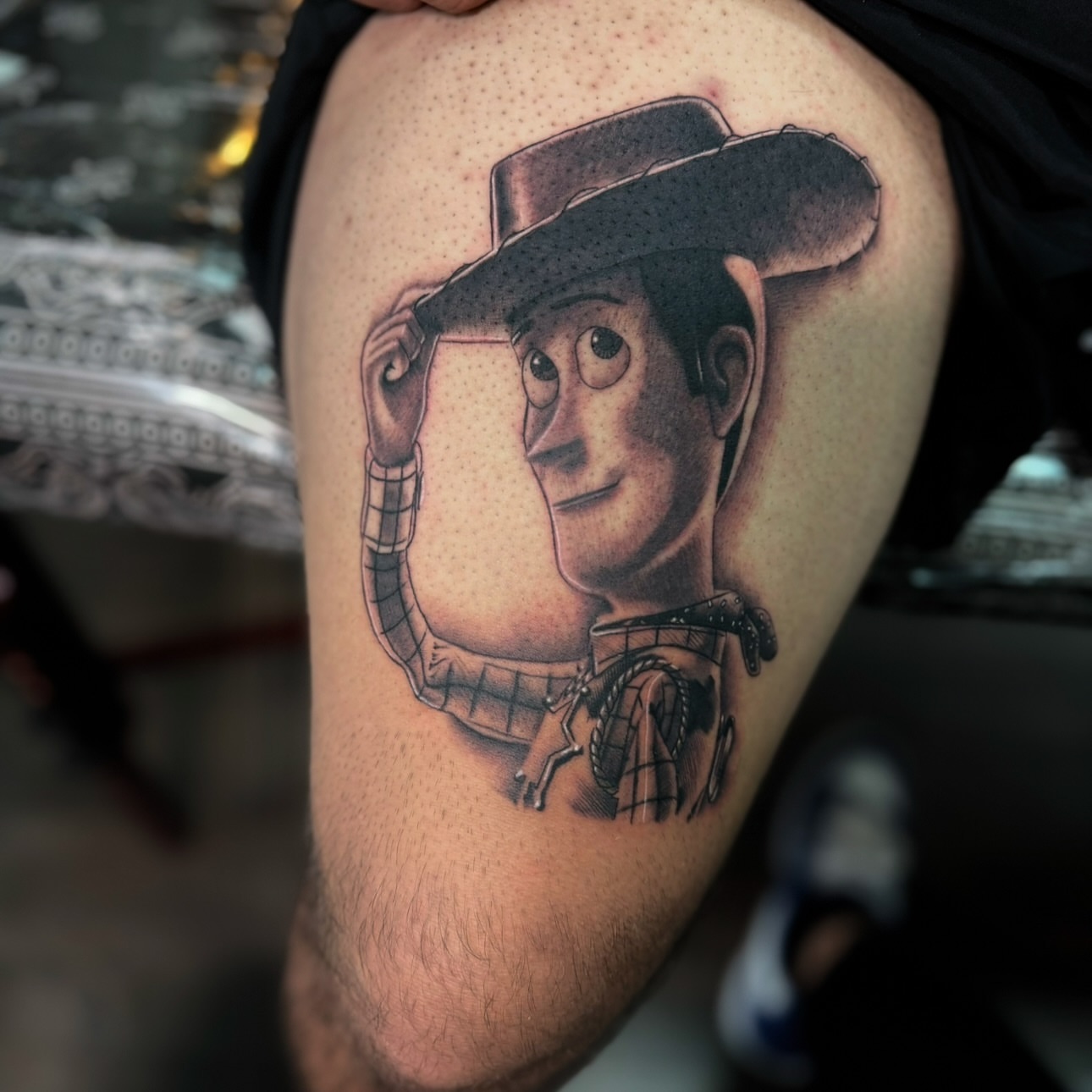 Cowboy toy dotwork tattoo on the thigh by Jonathan Solis 🇲🇽🇺🇸
