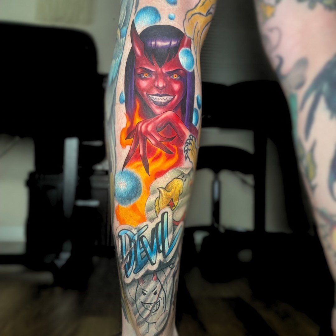 Devil dotwork tattoo on the forearm by Brian Overholt