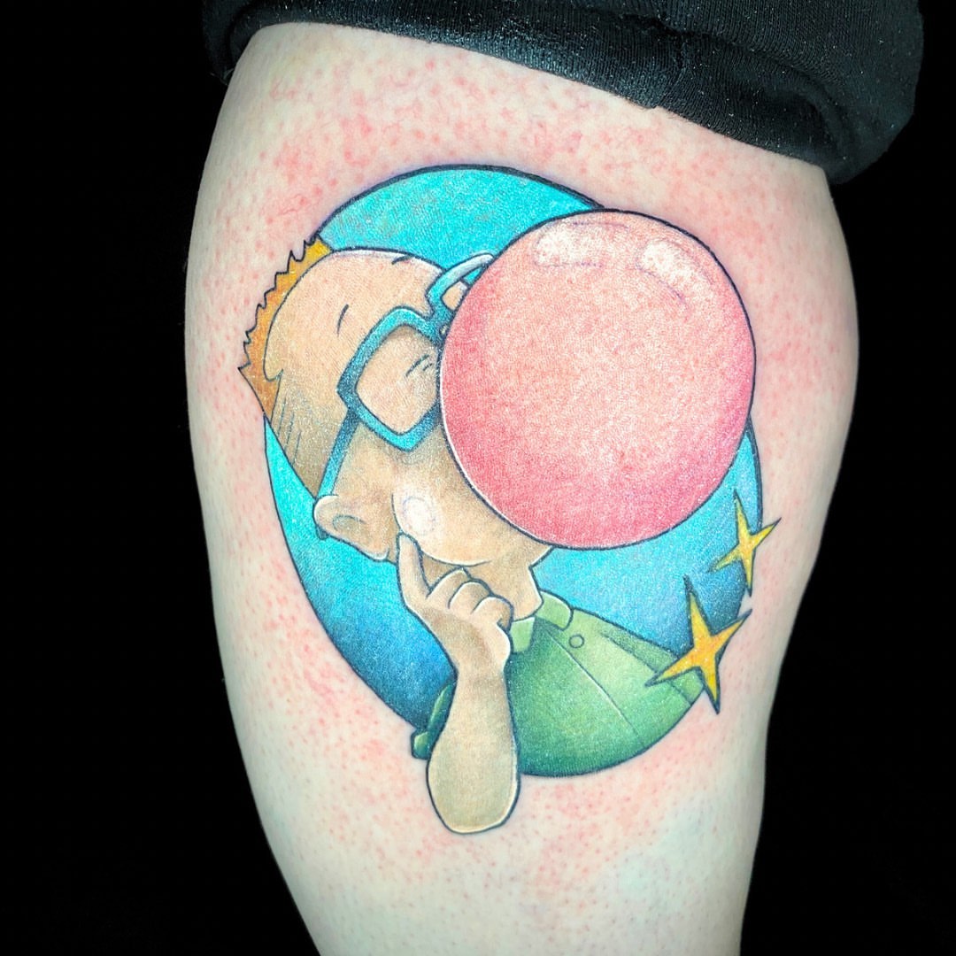 Charlie brown blowing bubblegum new school tattoo on the thigh by Brian Overholt