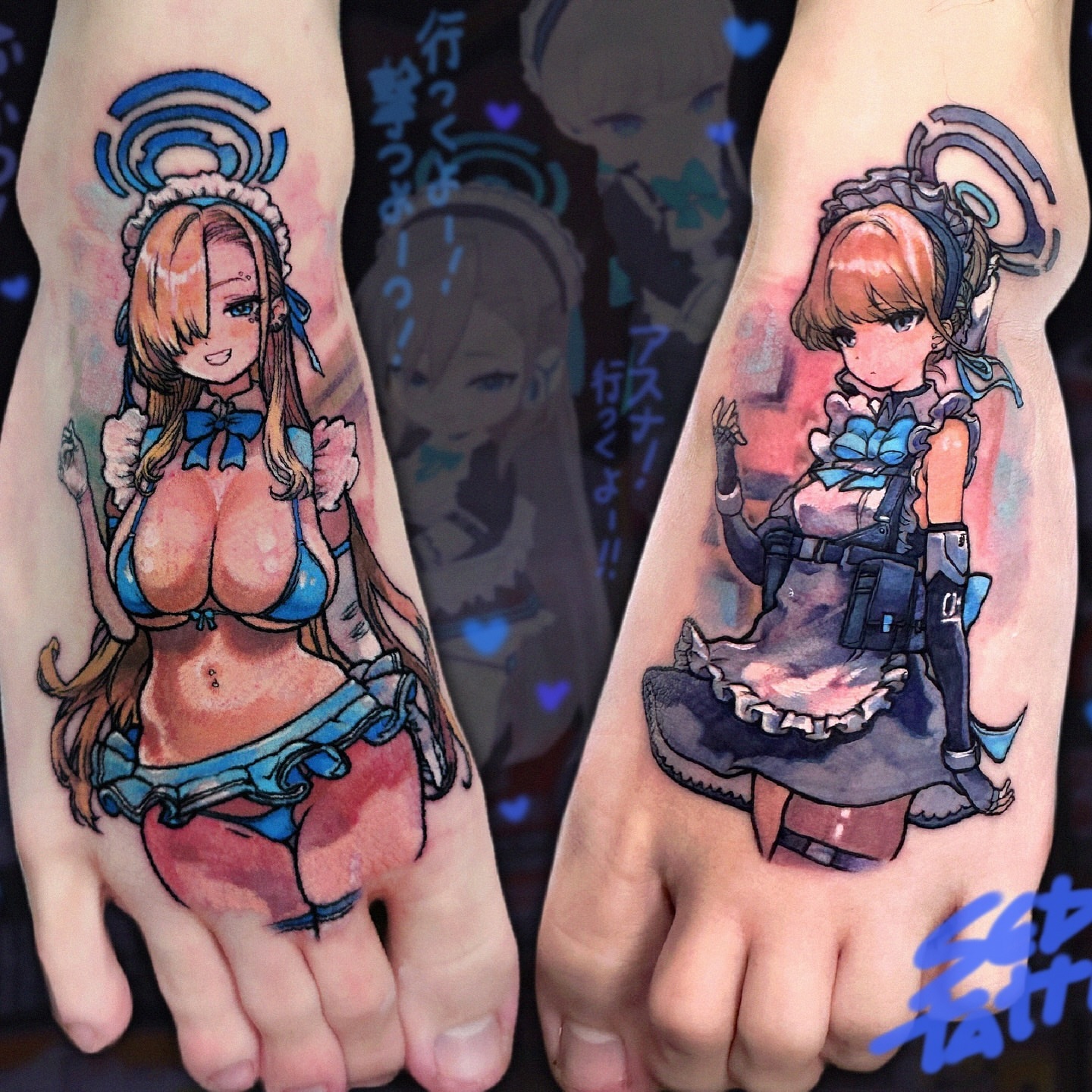 Maid characters watercolor tattoo on the foot by Sed