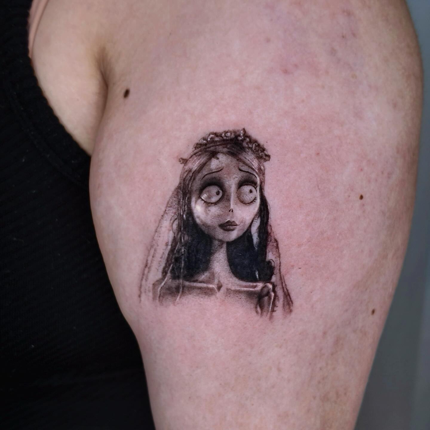 Corpse Bride realism tattoo on the thigh by Gabriel