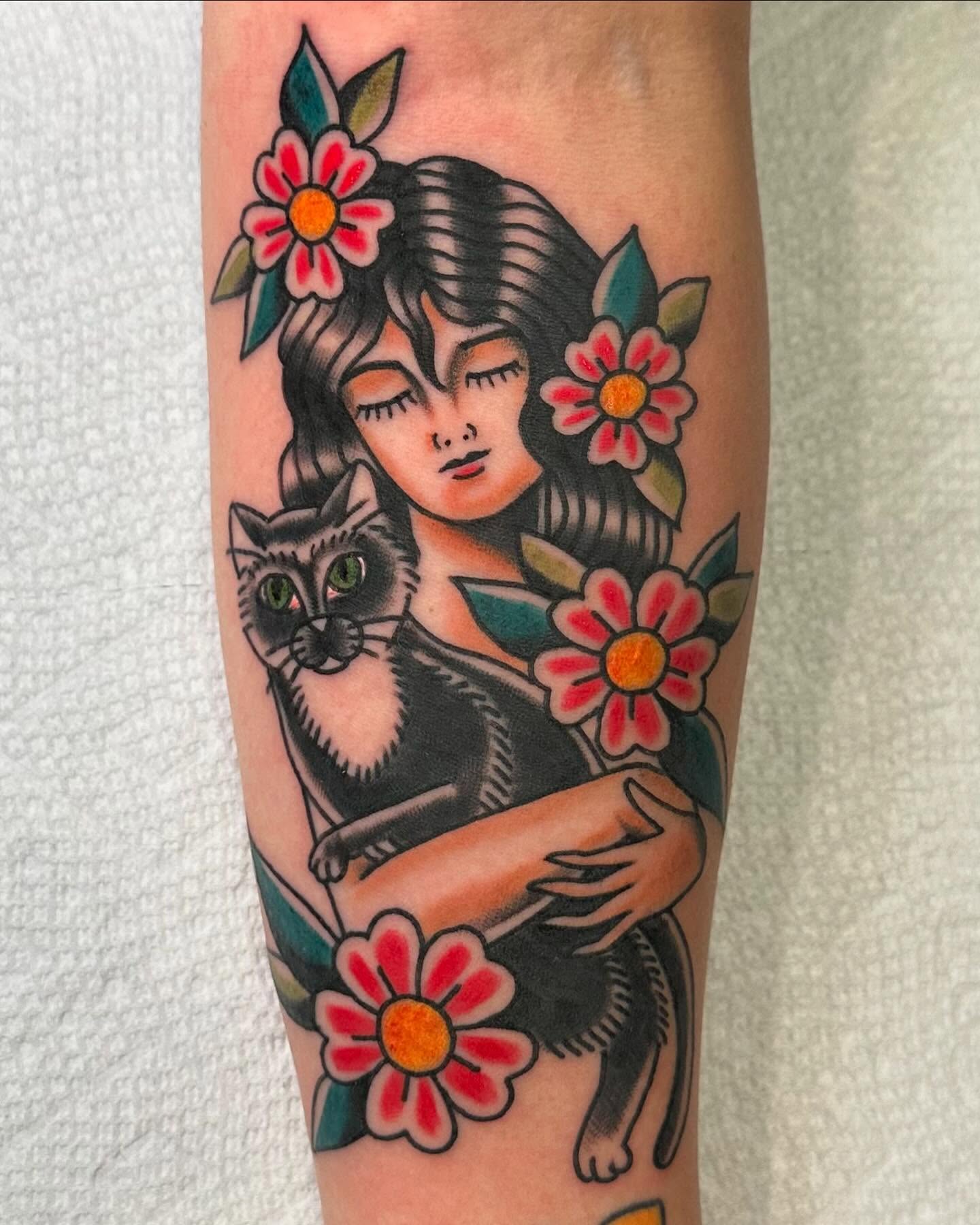 Woman with cat American traditional tattoo on the forearm by 𝕯𝖗𝖊𝖜 𝕲𝖎𝖑𝖊𝖘 𝕵𝖆𝖙𝖙𝖔𝖔, Addison, Texas