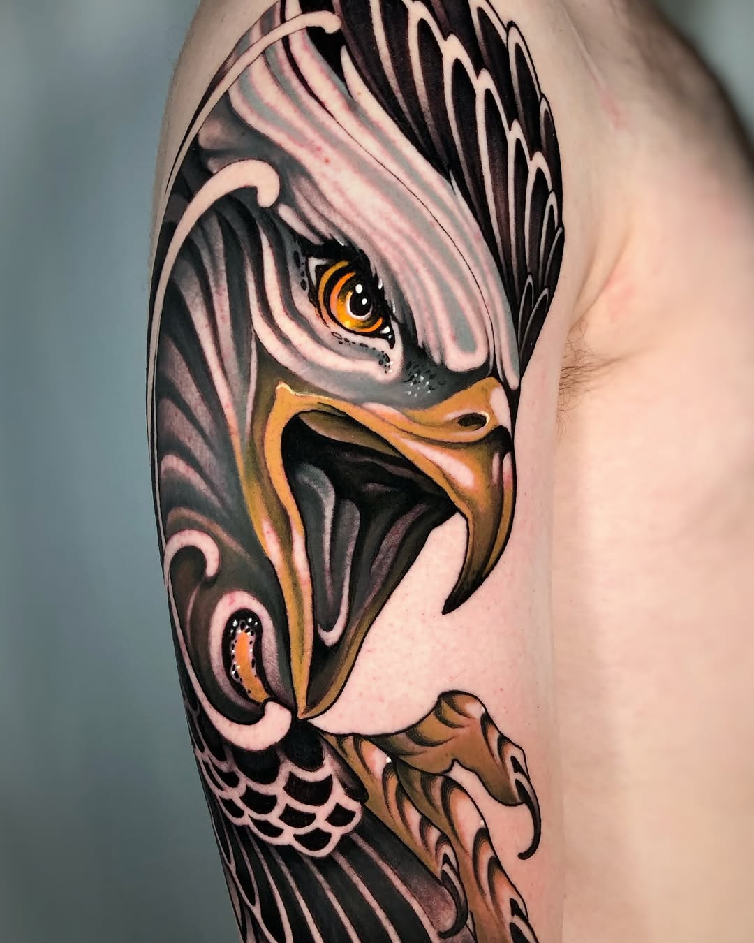 Eagle head realism tattoo on the shoulder by Aitor Arie, Roseville, California