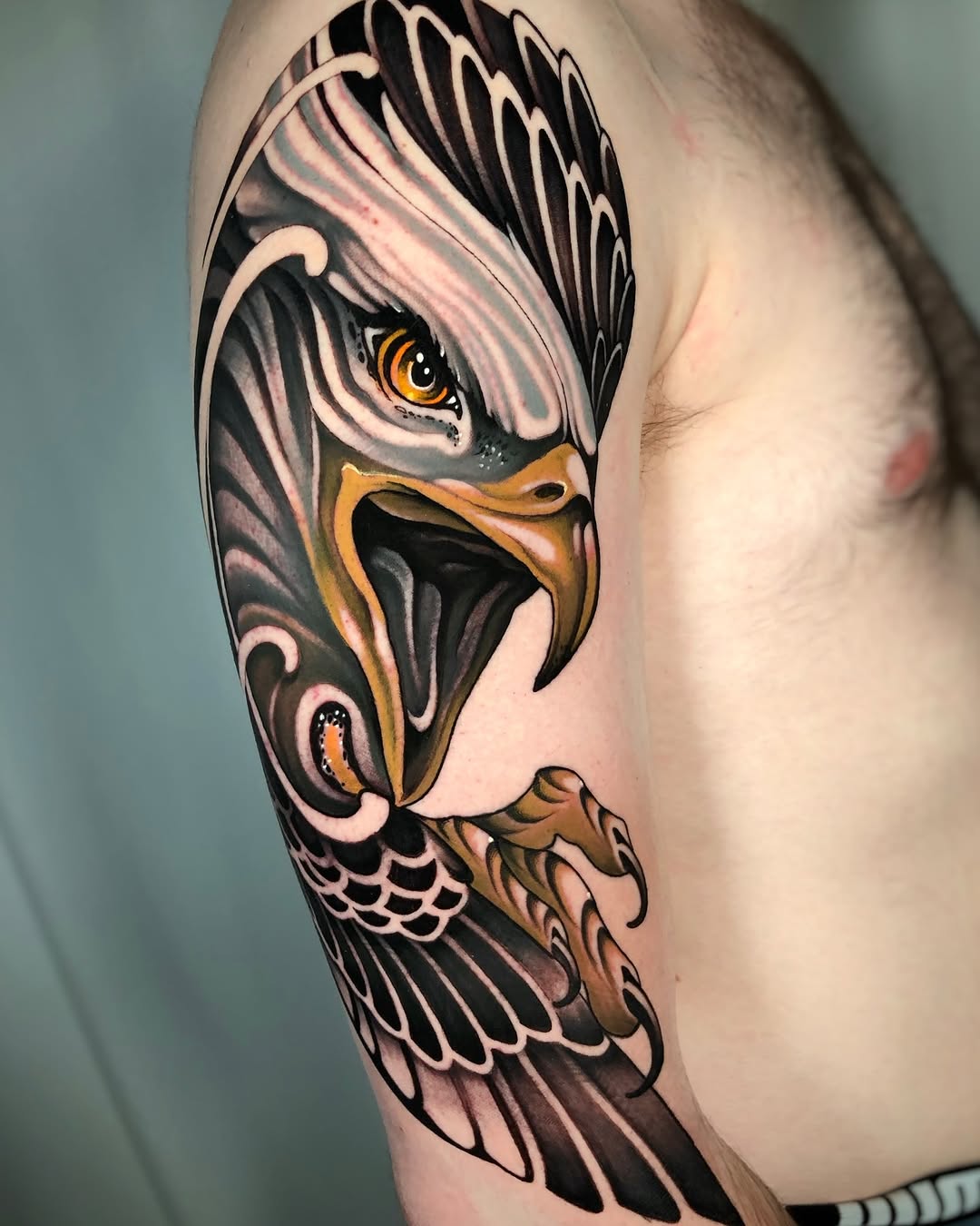 Eagle head realism tattoo on the shoulder by Aitor Arie, Roseville, California