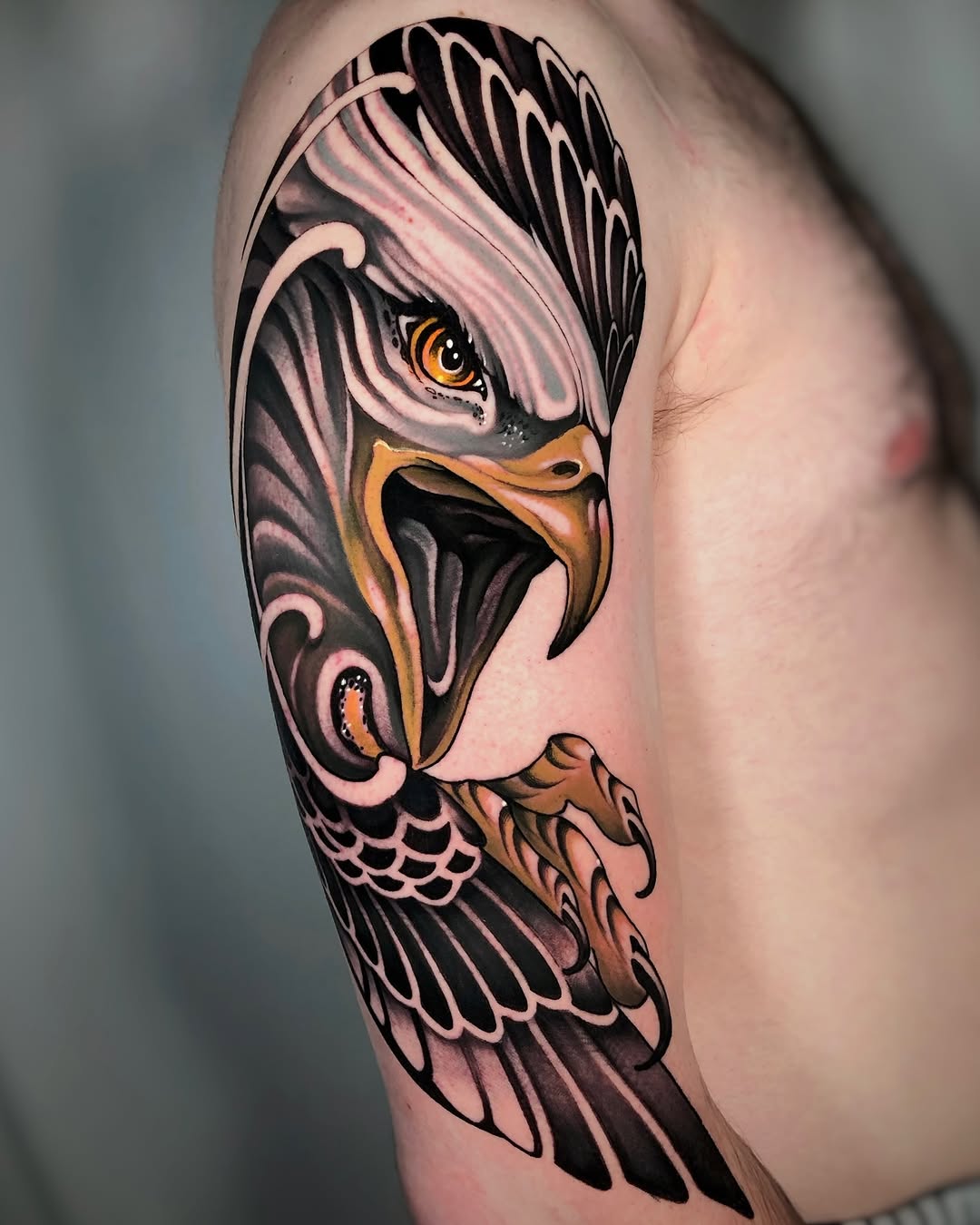 Eagle head and wing realism tattoo on the shoulder by Aitor Arie, Roseville, California