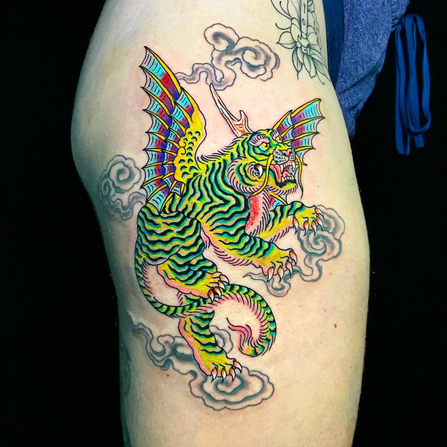 Dragon American traditional tattoo on the thigh by Alex Citrone - Martha’s Vineyard Tattoo