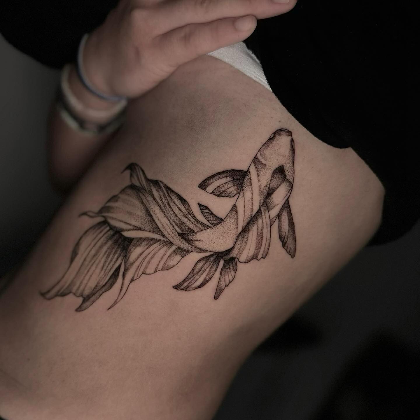 Fish dotwork tattoo on the forearm by V