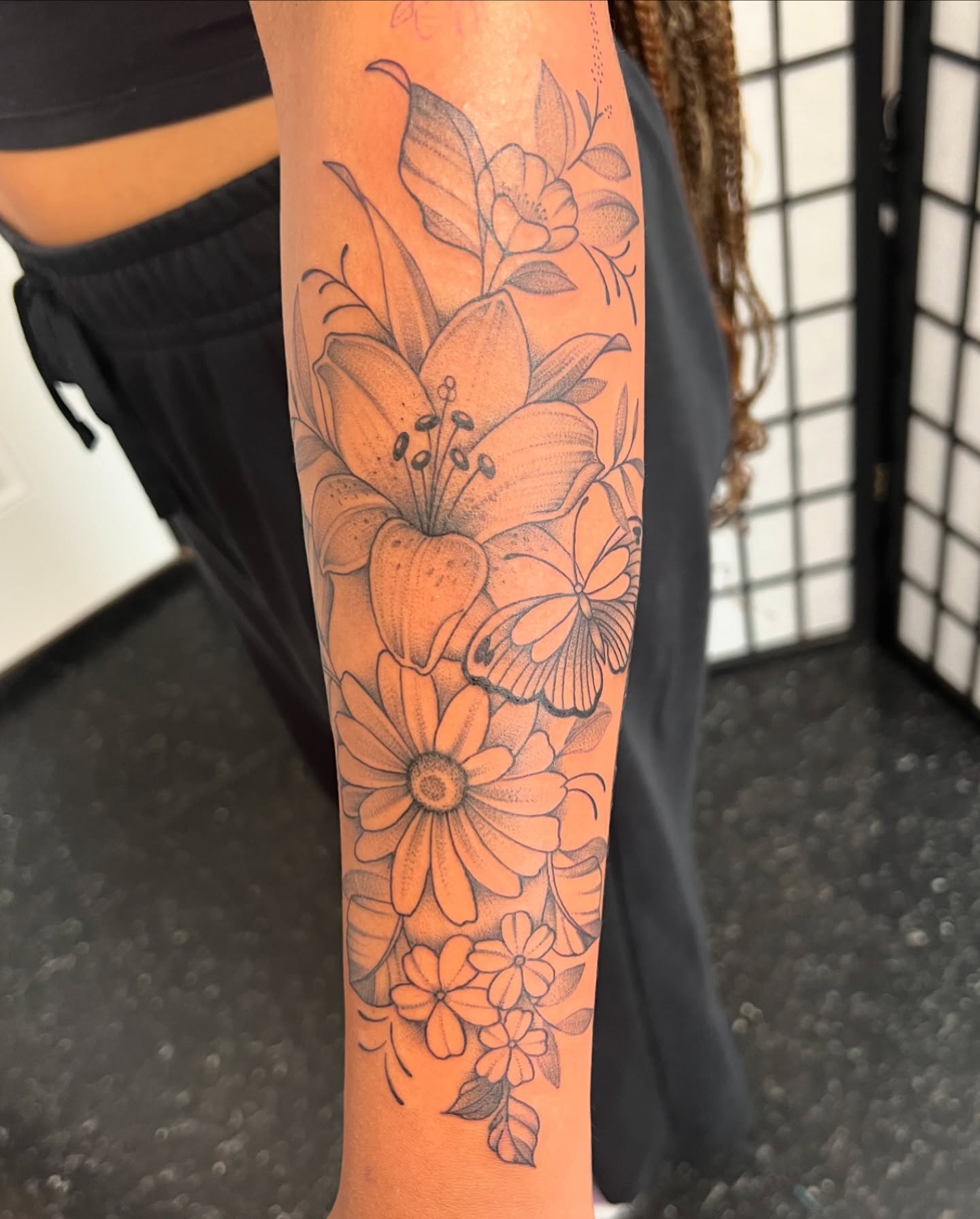 Floral bouquet dotwork tattoo on the forearm by Baung Ben